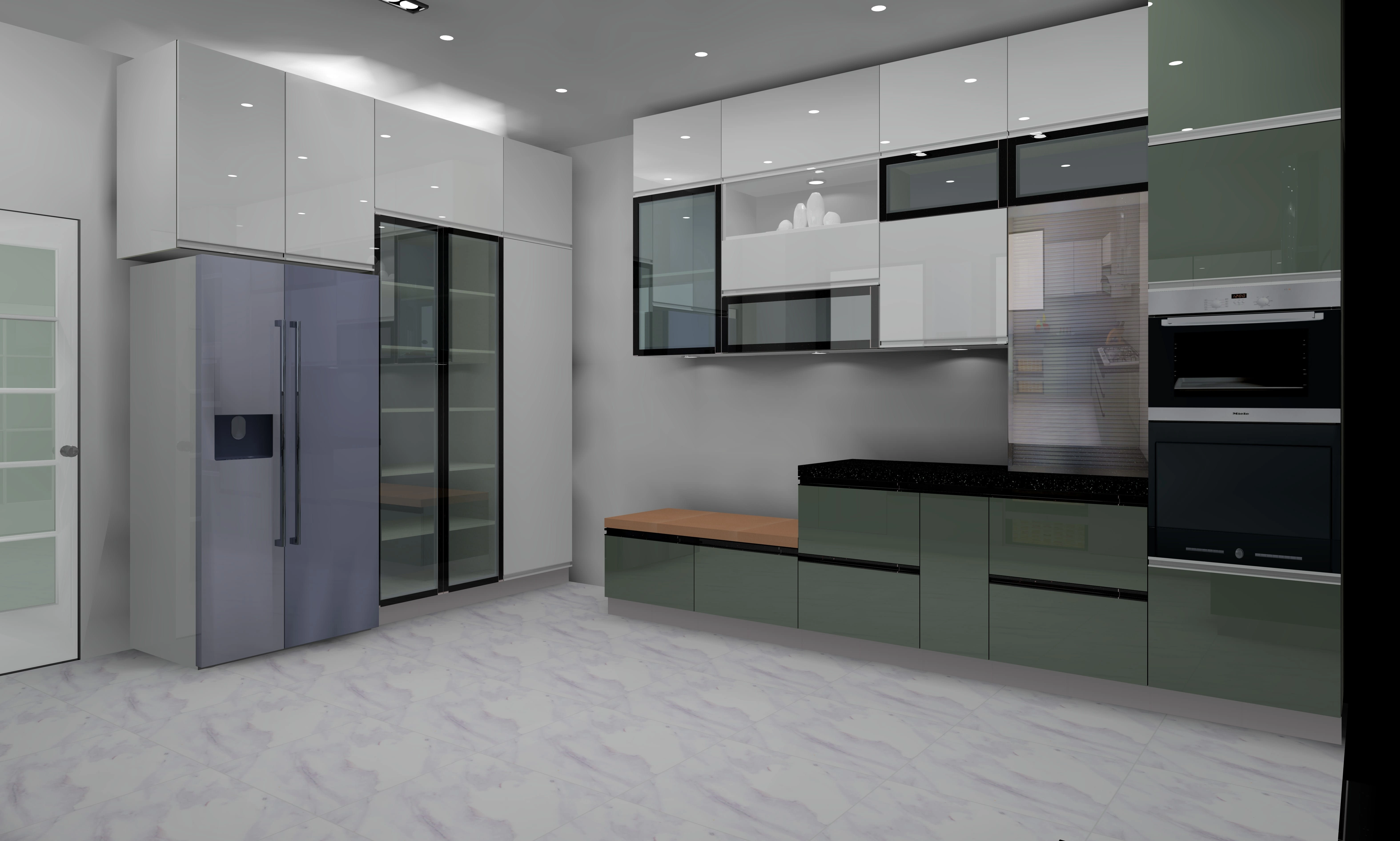 This contemporary kitchen design features a pantry, rolling shutters, microwave oven, and crockery units.