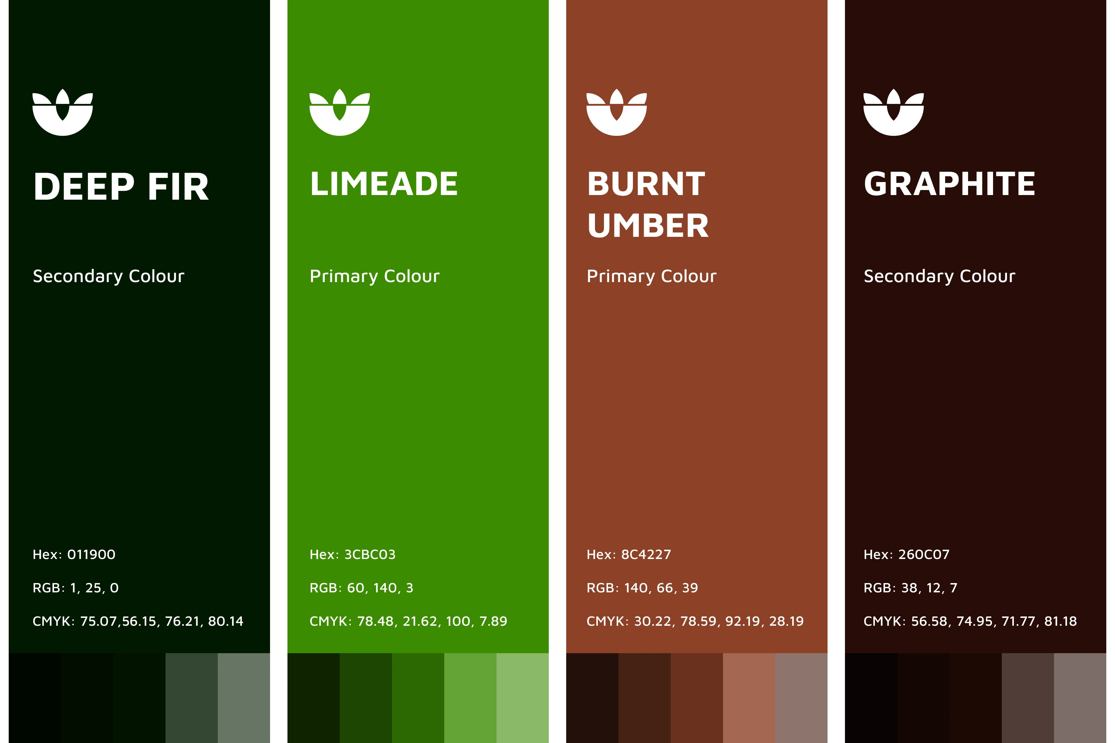 The brand colours: Deep Fir, Limeade, Burnt Umber, Graphite