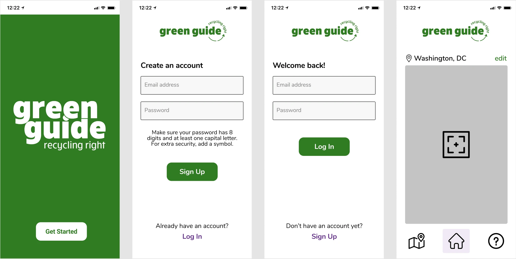 Mockups for Green Guide landing, sign up, login, and home pages