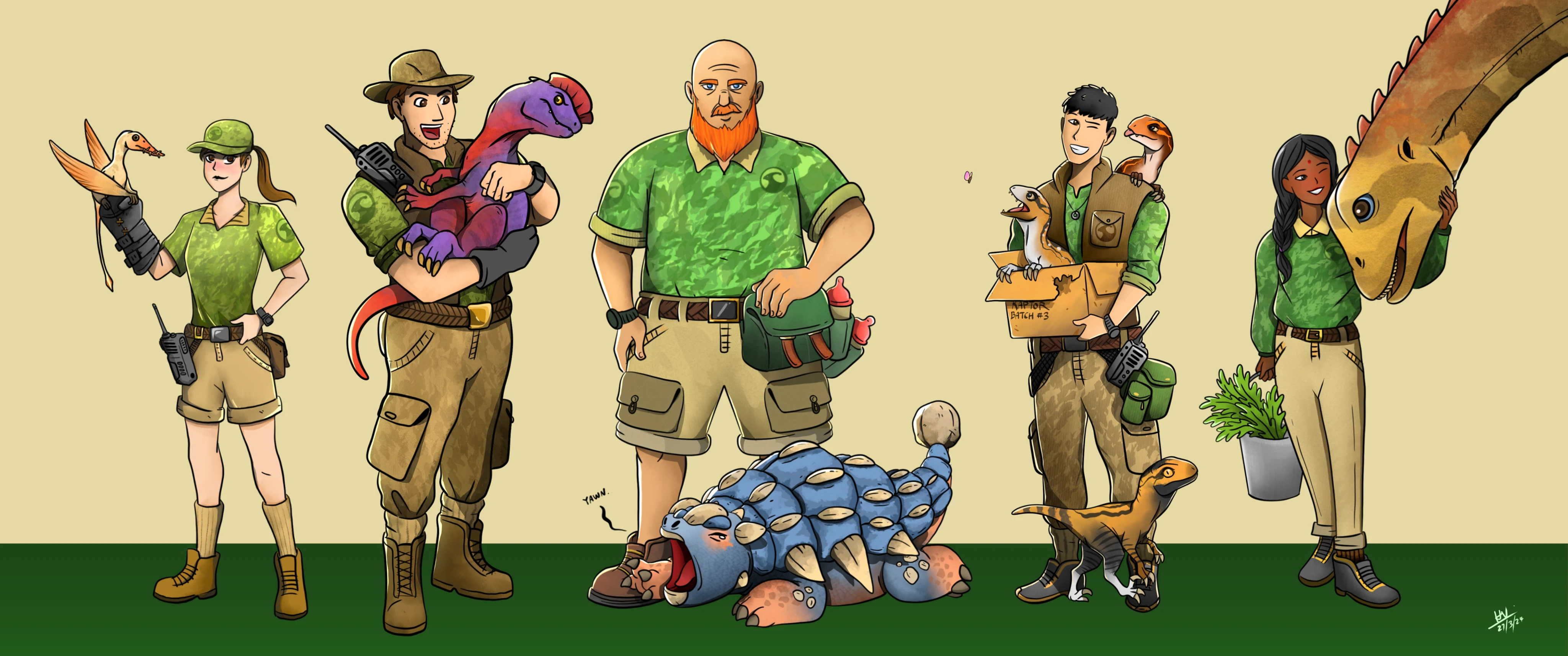 Main roster of characters. The colour palettes for the uniforms are very earthy & lush to stick with the natural theme.