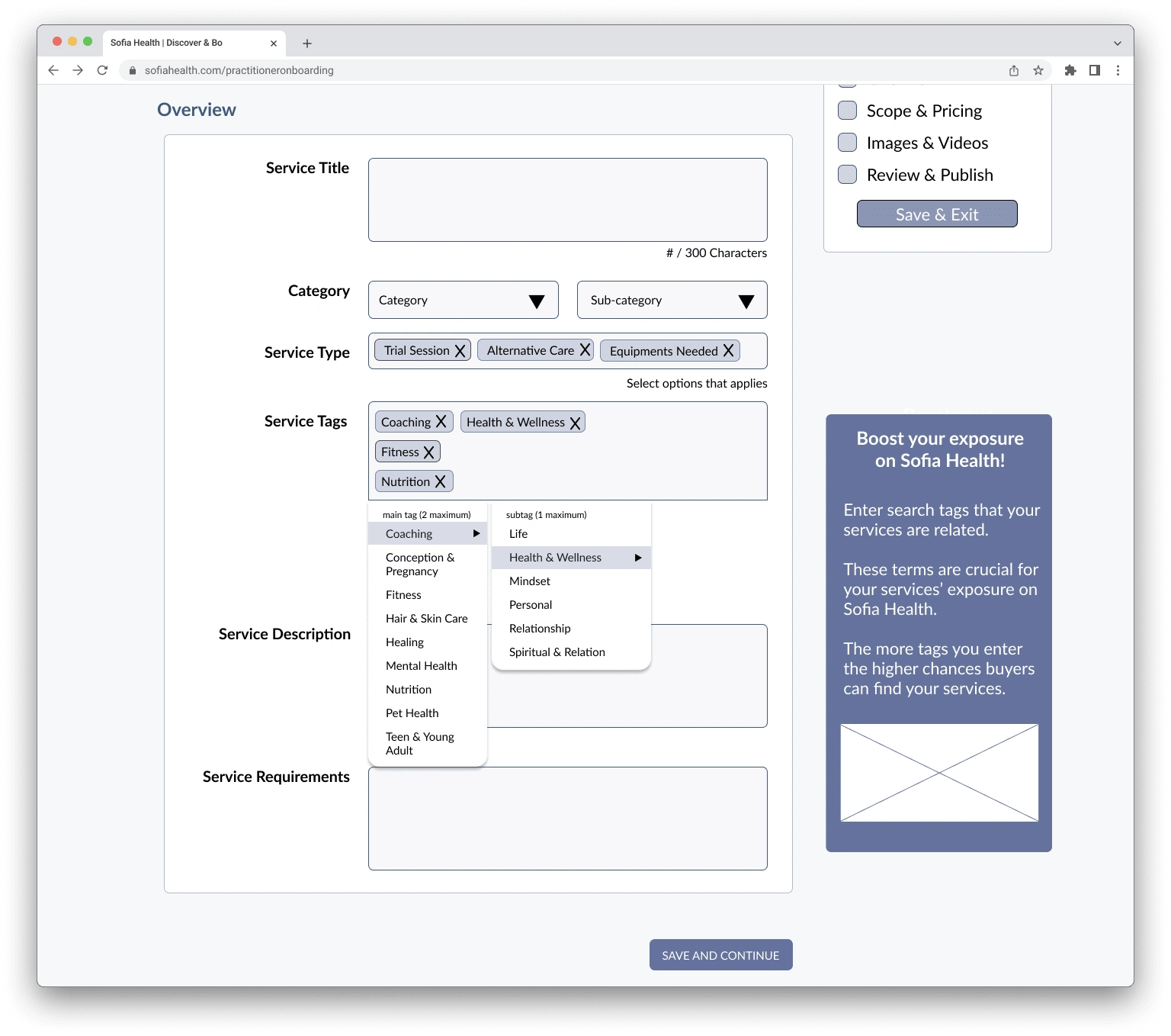 Wireframe of choosing tags for a service with suggested tags