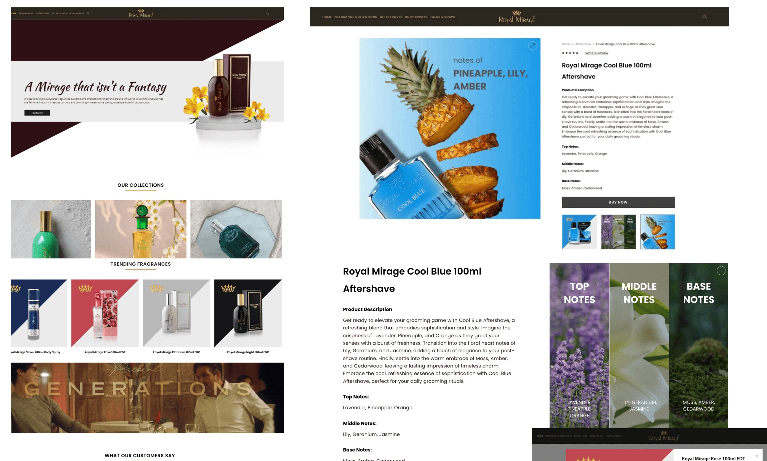 Website content preview (Home page, Product detail page and Product graphics)