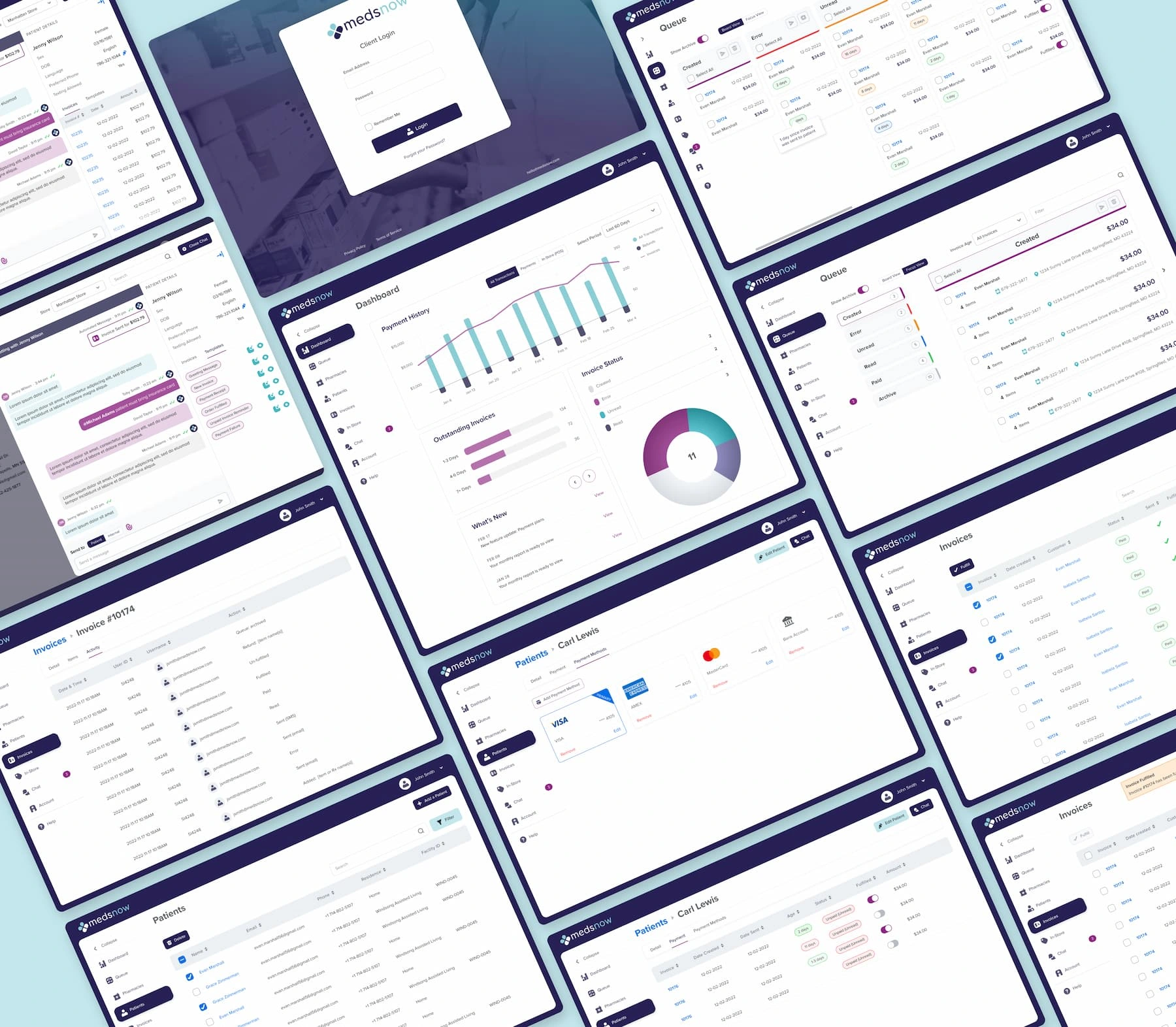 Key screens from the MedsNow CRM platform