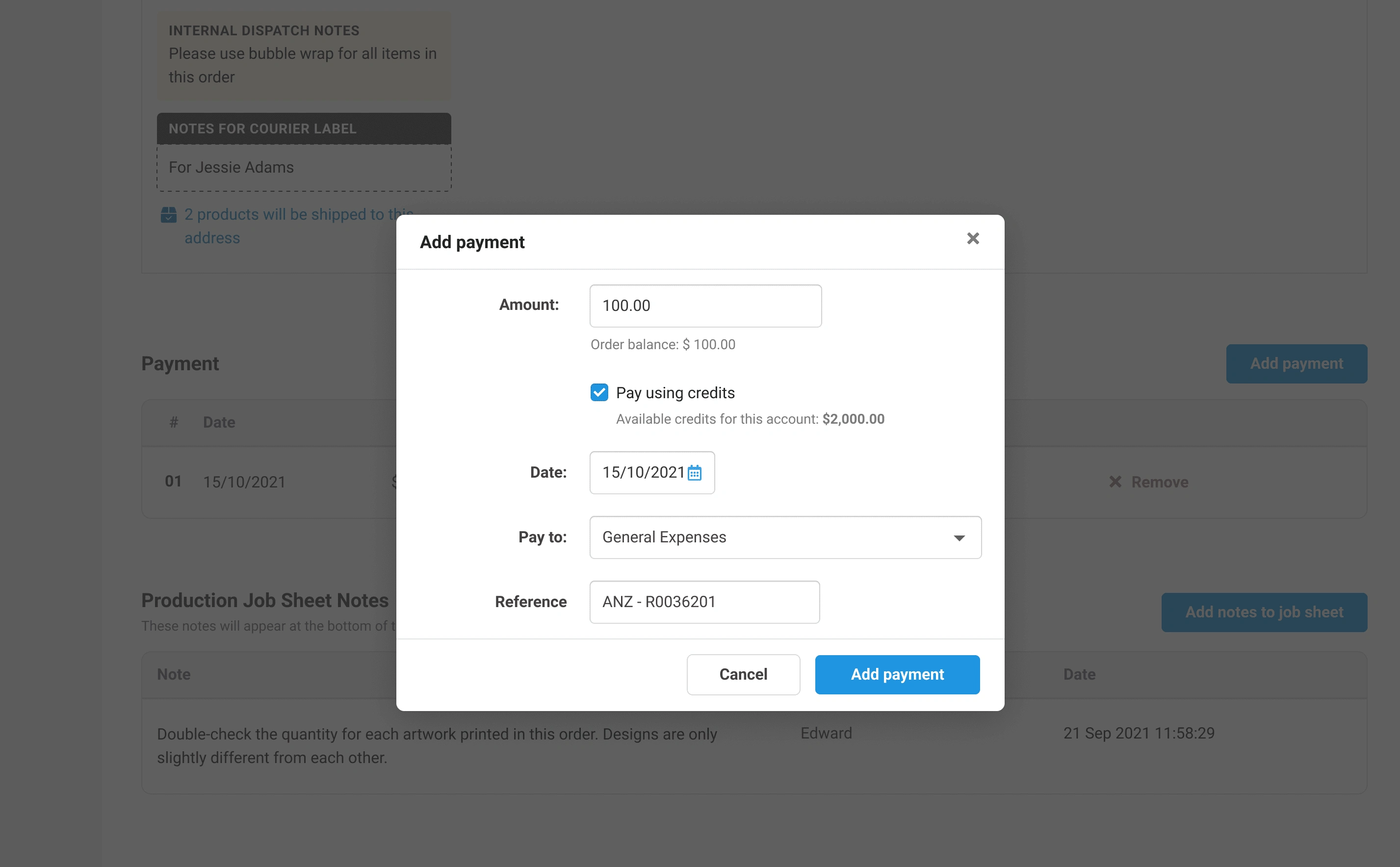 Redesigned feature: Adding payment records to an order