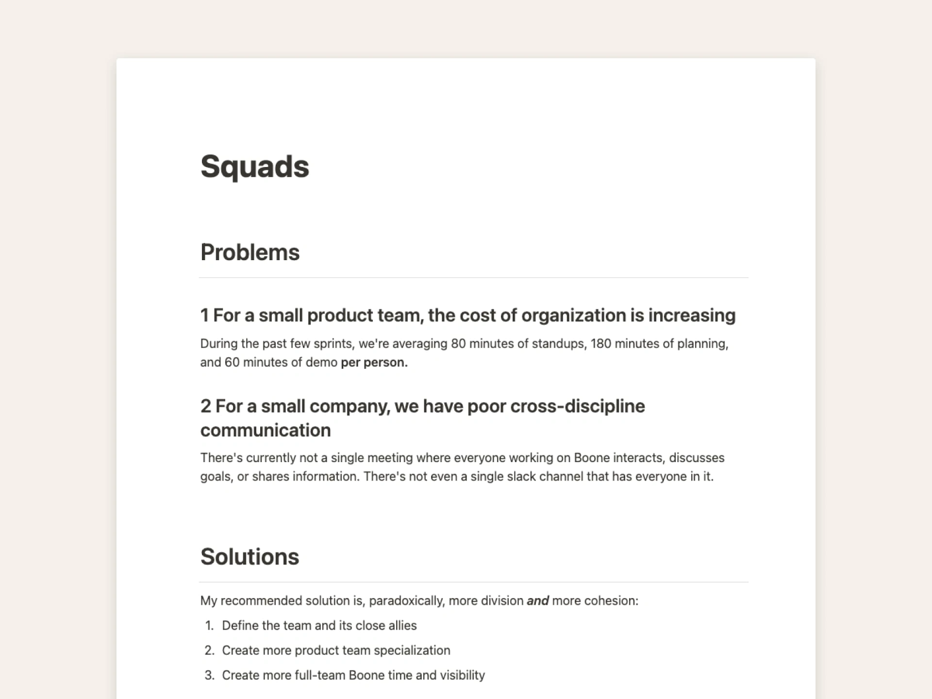 Screenshot of a memo on team process