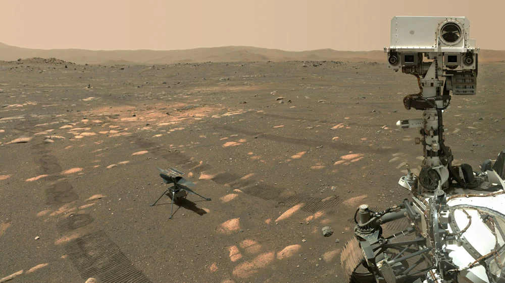 Perserverance selfie with Ingenuity, on Mars - captured on 6th April 2021 by the WATSON camera on the rover's robotic arm. Image credit: NASA/JPL-Caltech/MSSS