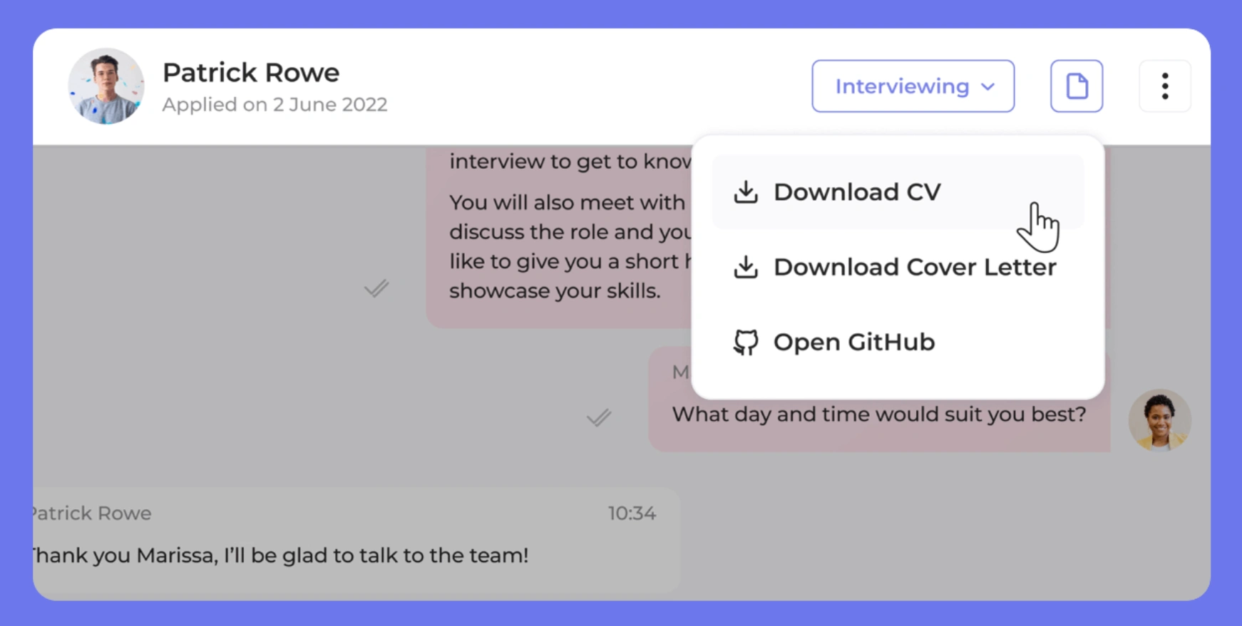 Applicant's chat menu actions