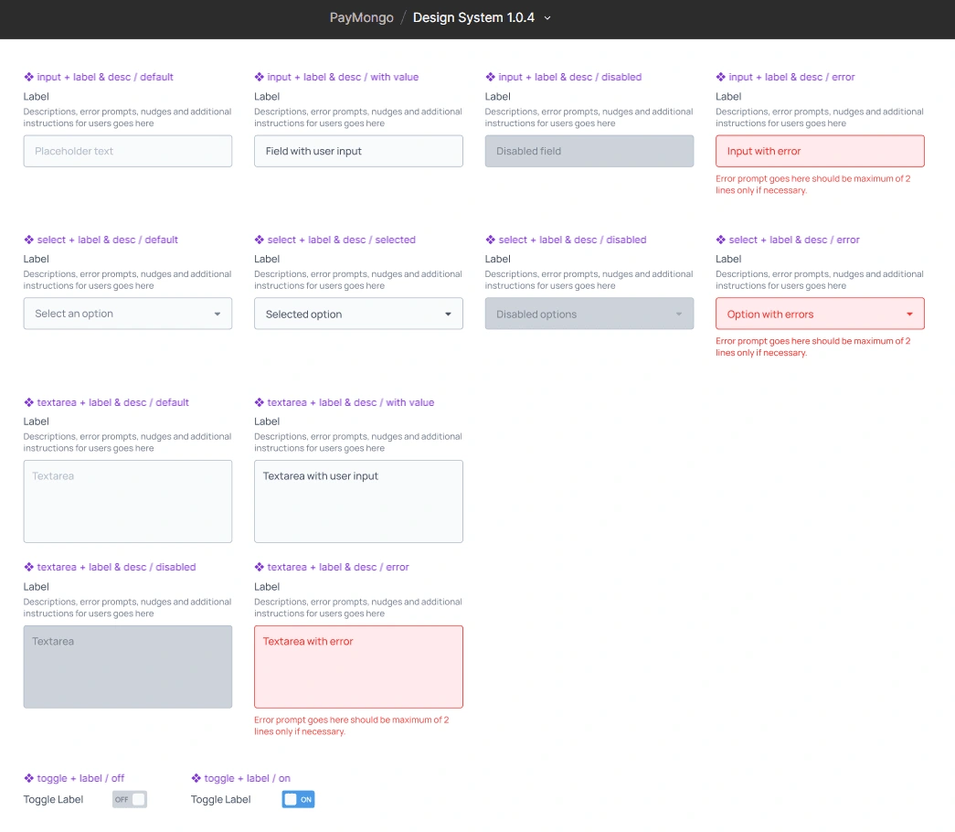 Input and text area elements with labels, descriptions in different states including disabled and errors