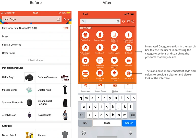 Shopee's Category section before and after
