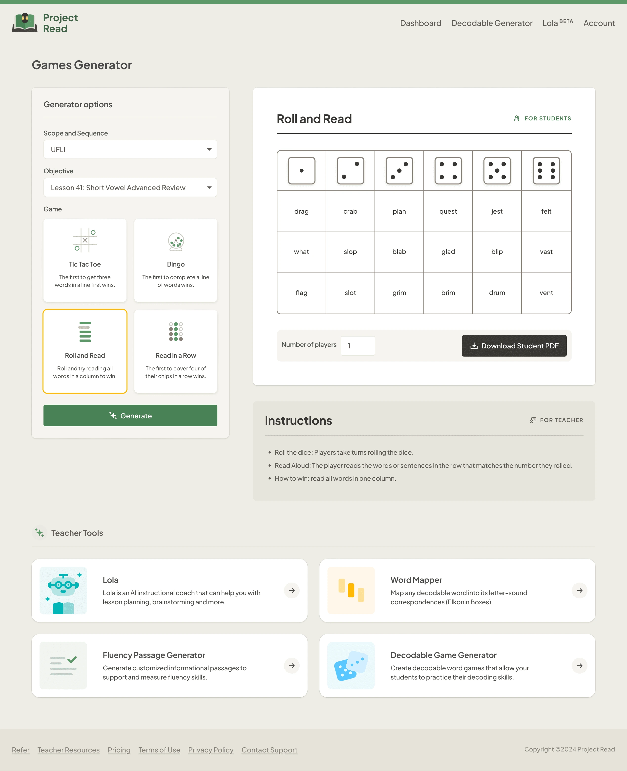 Generated roll and read game using the decodable game generator