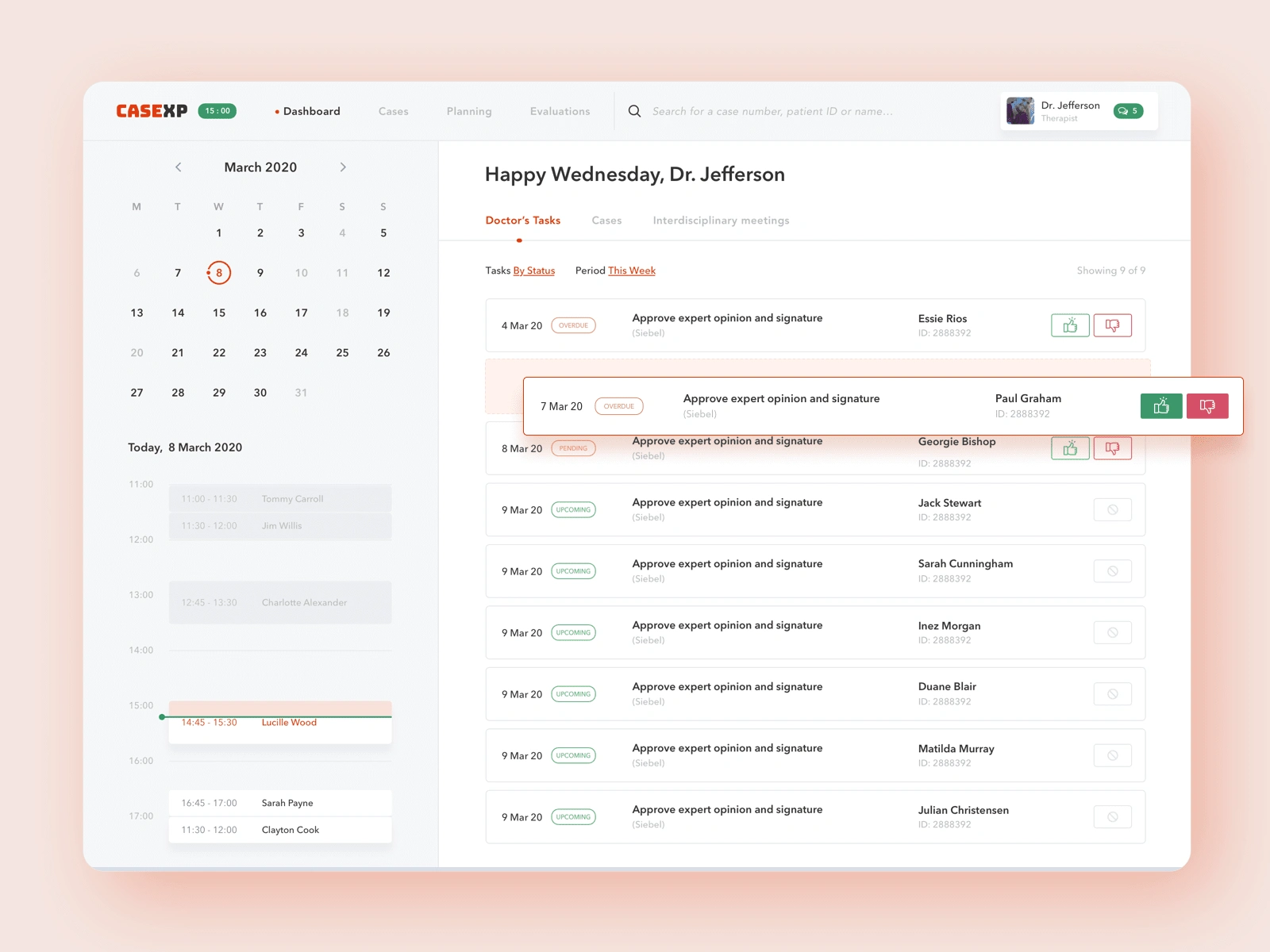 Task management dashboard with current doctor's activity