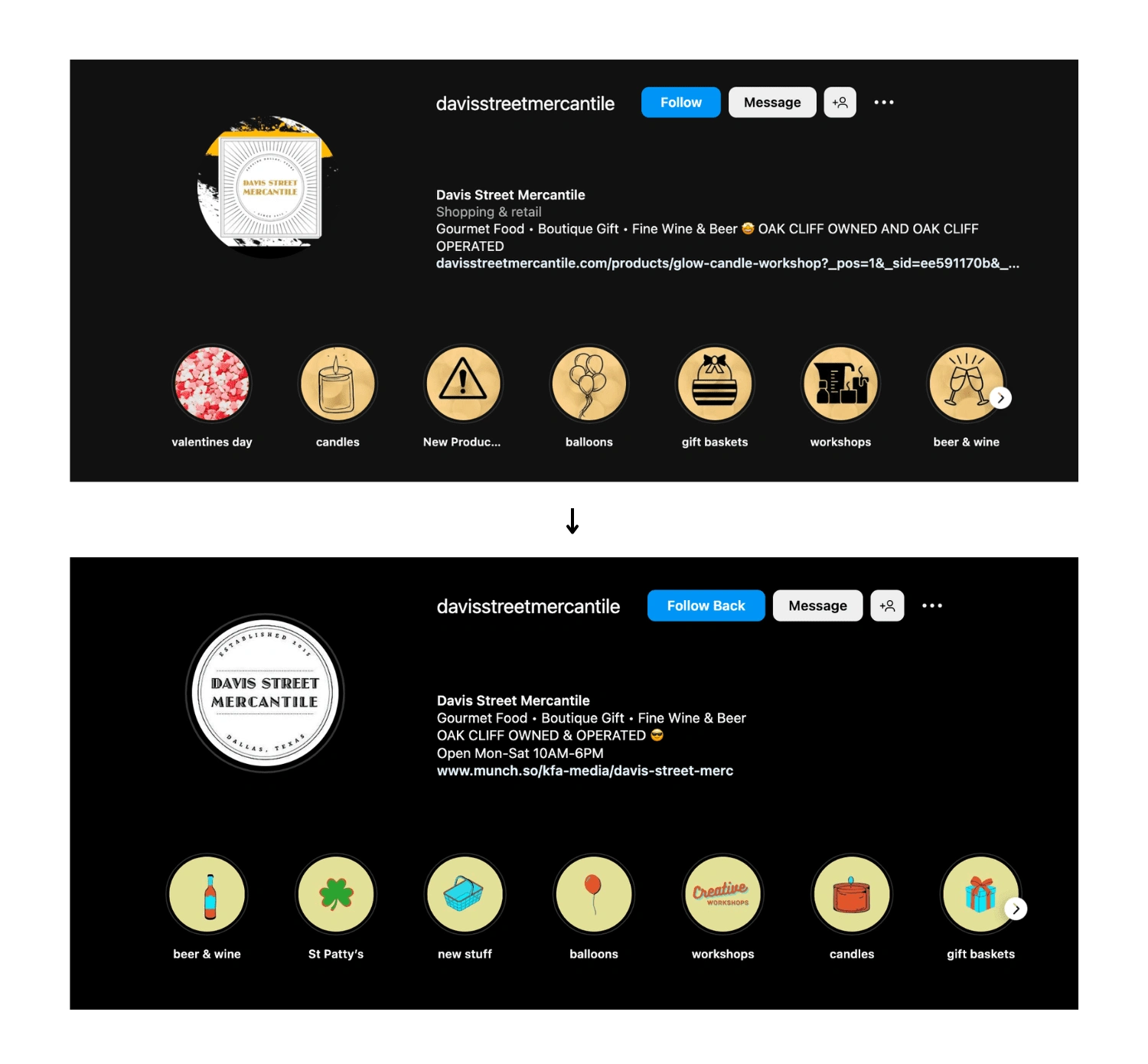 top: Instagram profile BEFORE
bottom: Instagram profile AFTER I updated the profile photo, highlight covers, and bio