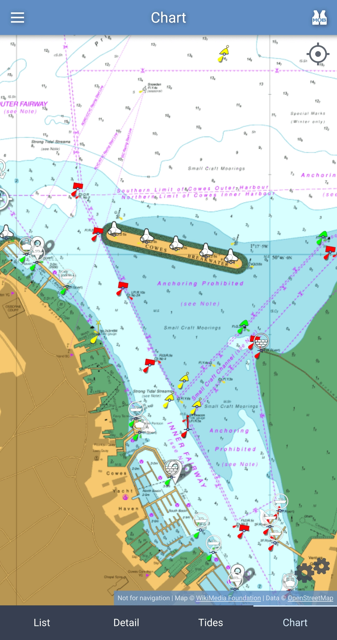 The eOceanic chart view, showing marked obstacles, bouys and haven locations