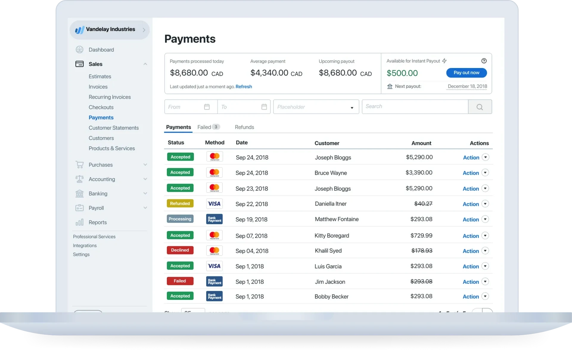 Instant payouts: breakdown of payments. This screen had to be completely redesigned during this process, as we made several amendments to our "status" column.