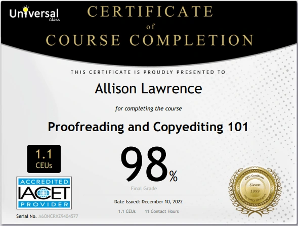 A Proofreading & Copyediting course I completed in 2022.