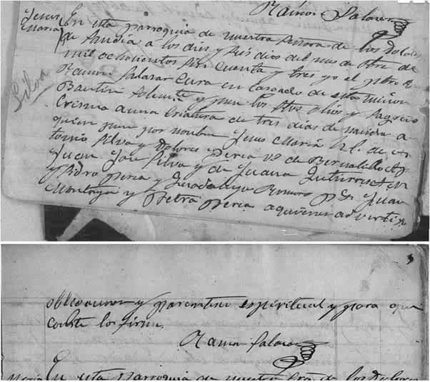 Baptismal record for Jesus Maria Silva, Vicente's younger brother and associate of Billy the Kid at Fort Sumner. Pages 2-3 of Bernalillo Baptism Book 1853-1865, Book II.