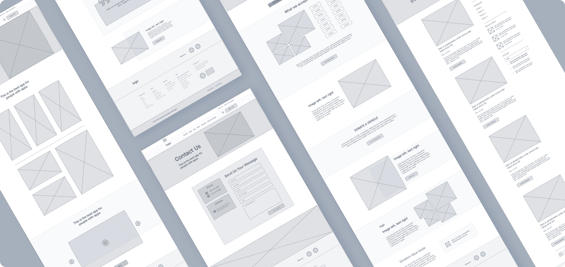 Wireframes for various webpages