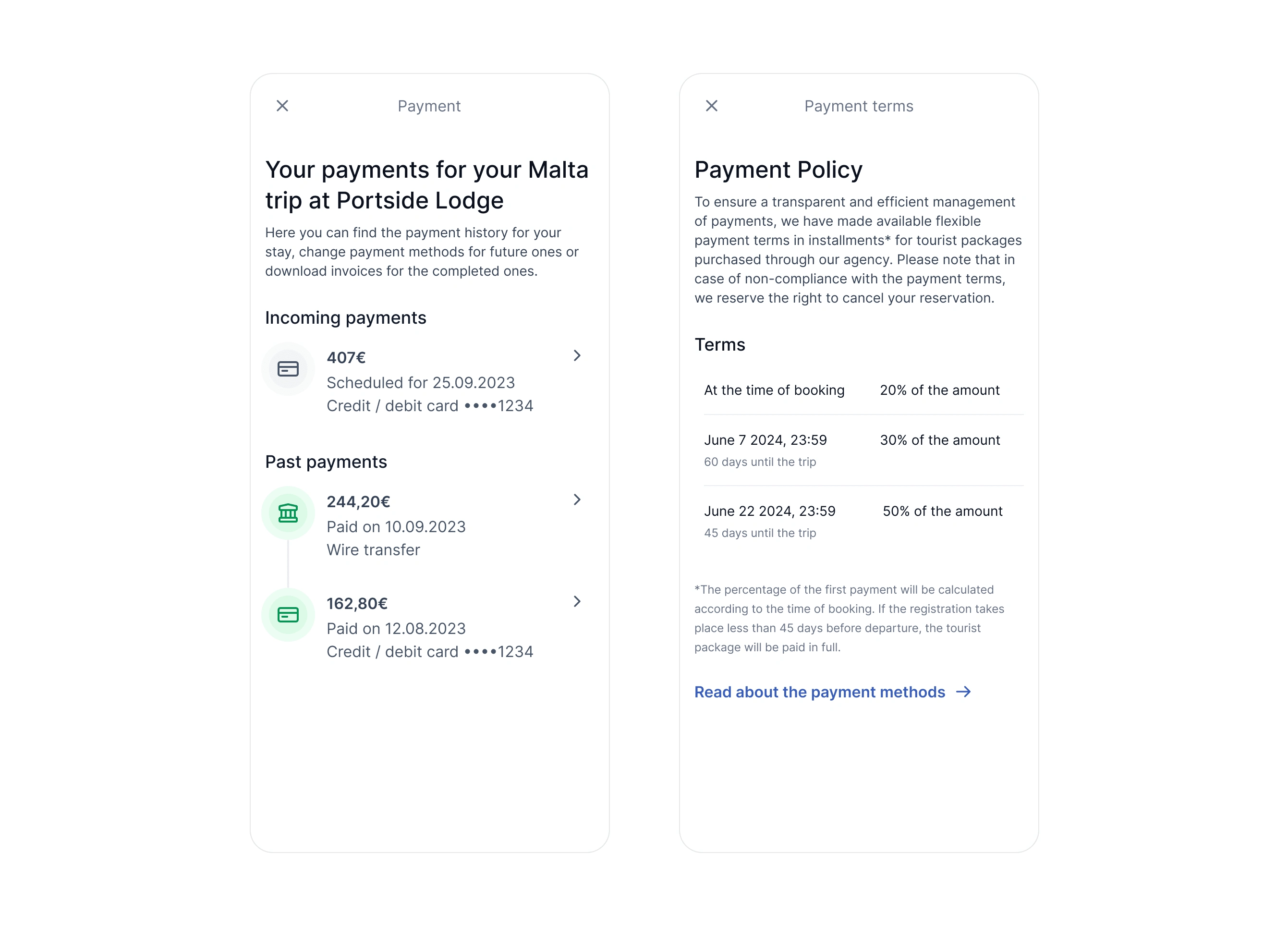 Mobile views of the payment summary