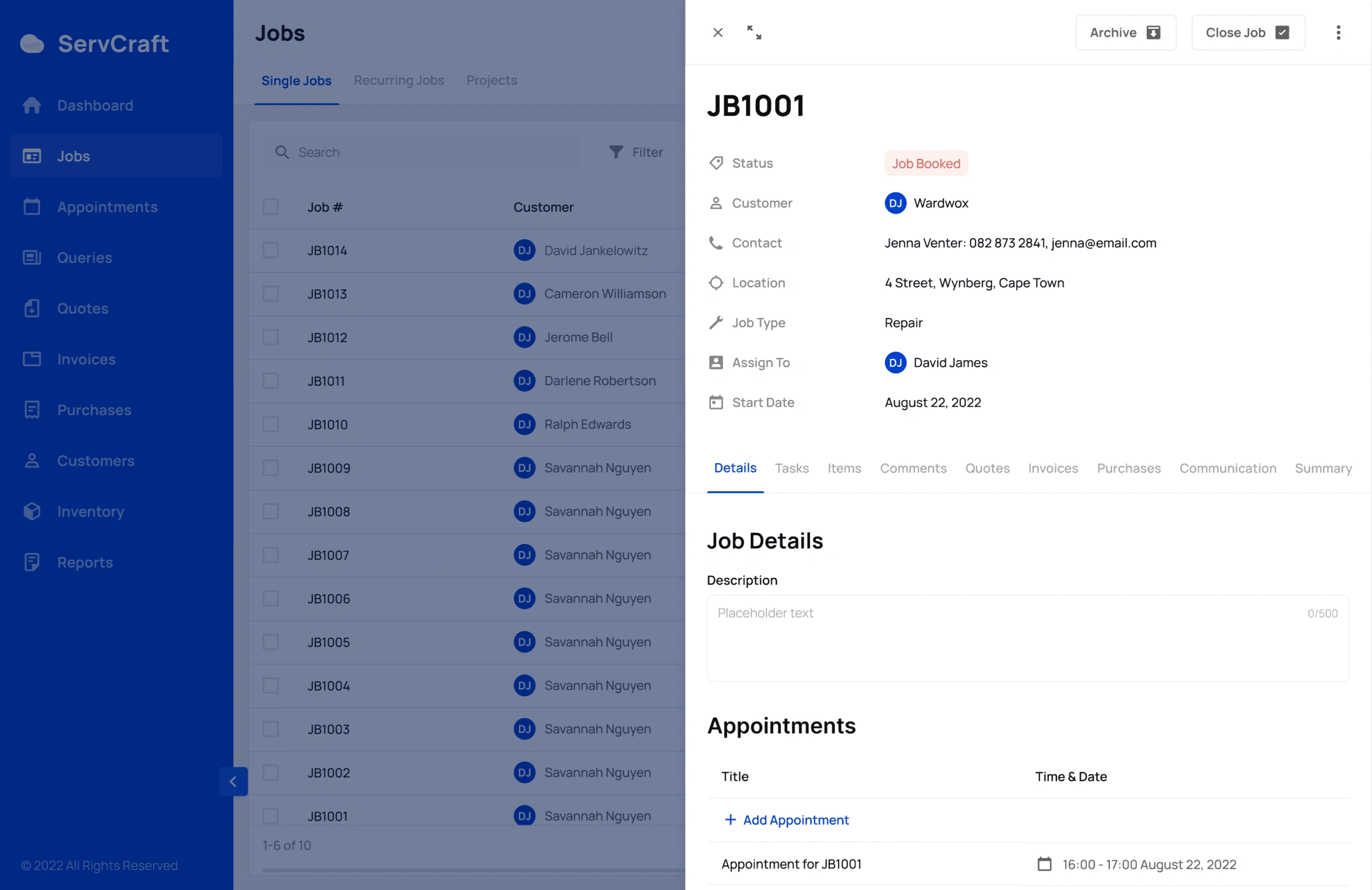 High fidelity version of the job card with the "Jobs" destination in the background.