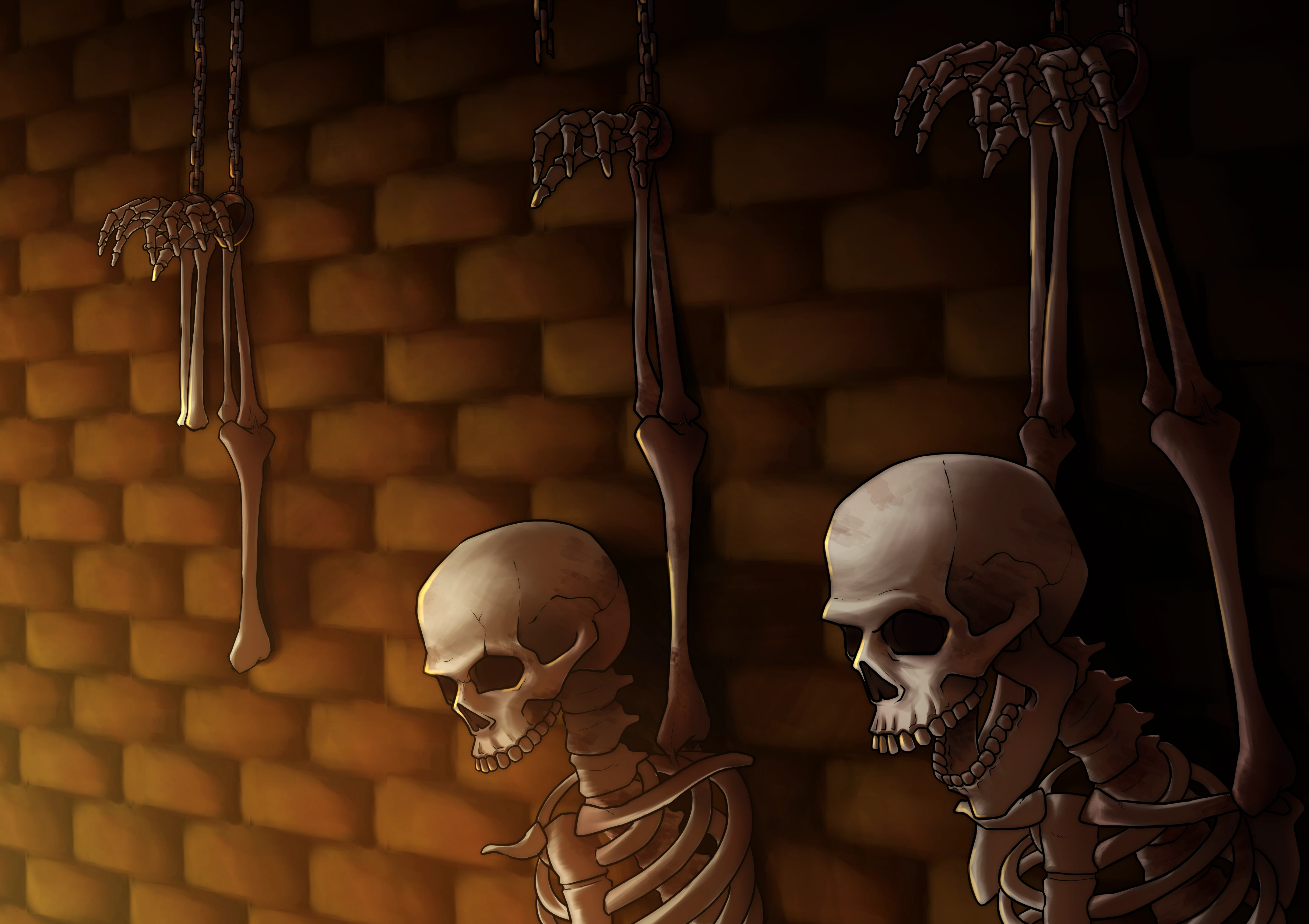 Decaying skeletons hanging from shackles