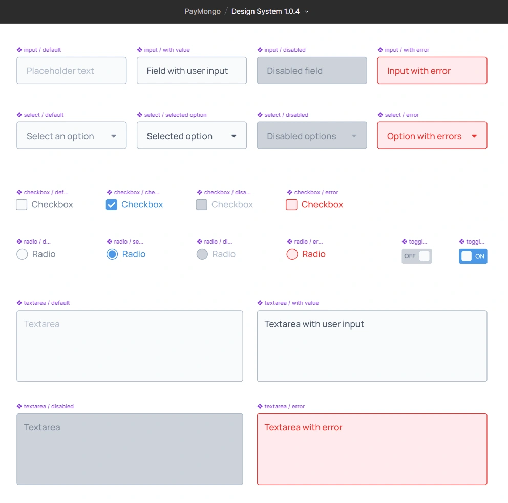 Individual form elements including Checkboxes, Radio Buttons and Toggles