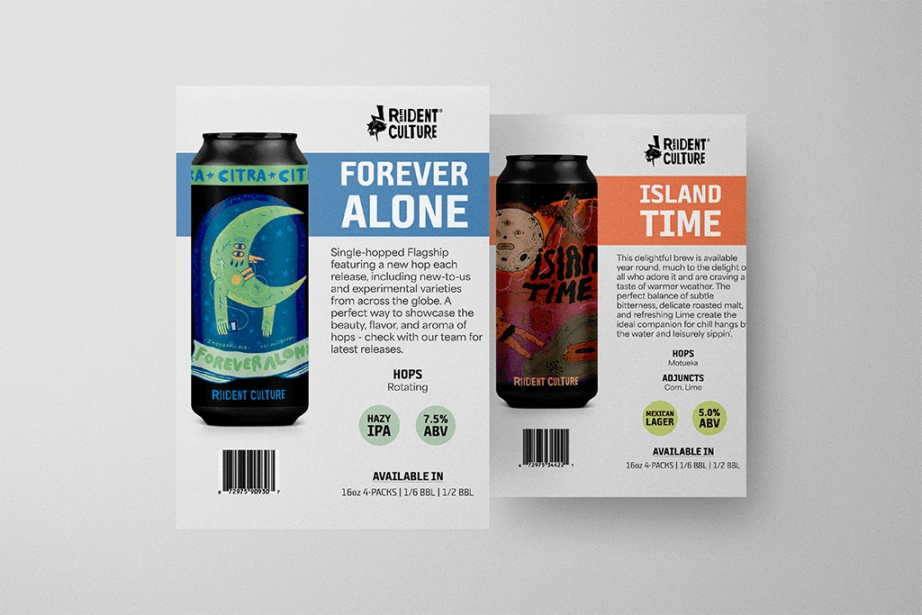 To highlight beer brands, I created individual sell sheets containing important information such as UPC code, product availability, ingredients, and information. This allows for the beverages to stand alone and engage the viewer.