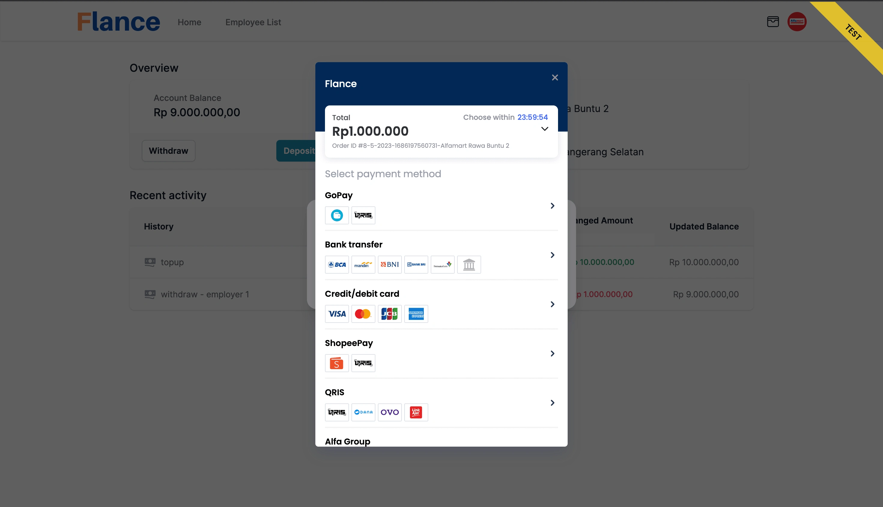 Payment screen