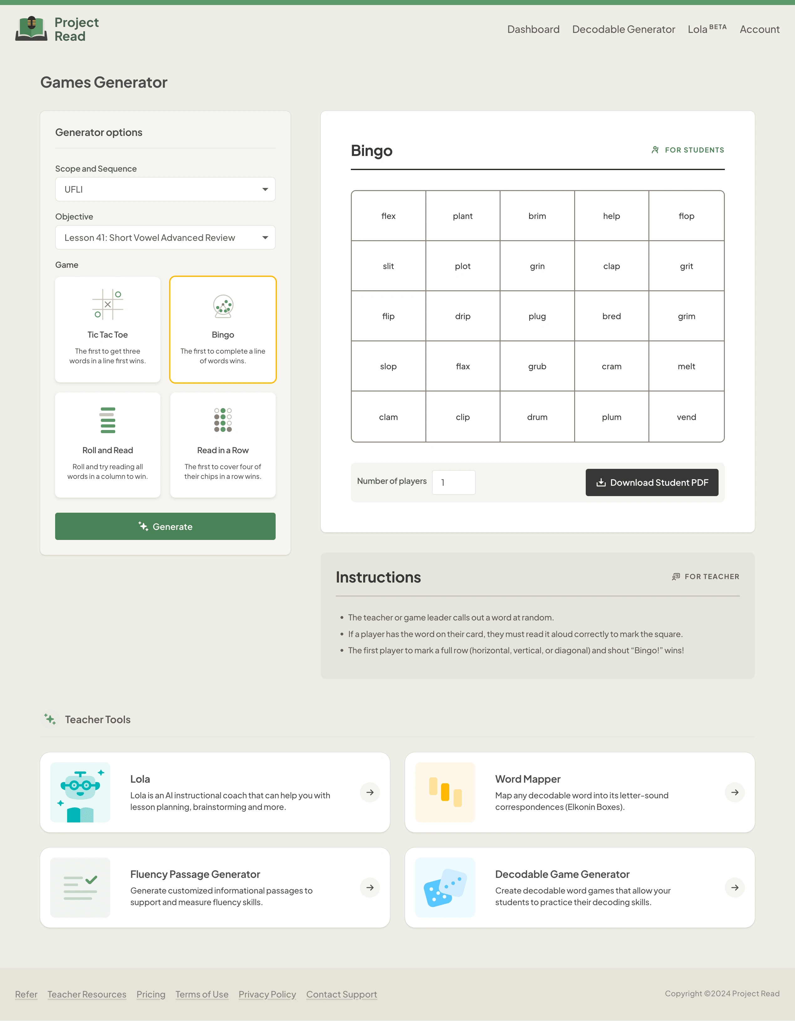 Generated bingo game using the decodable game generator