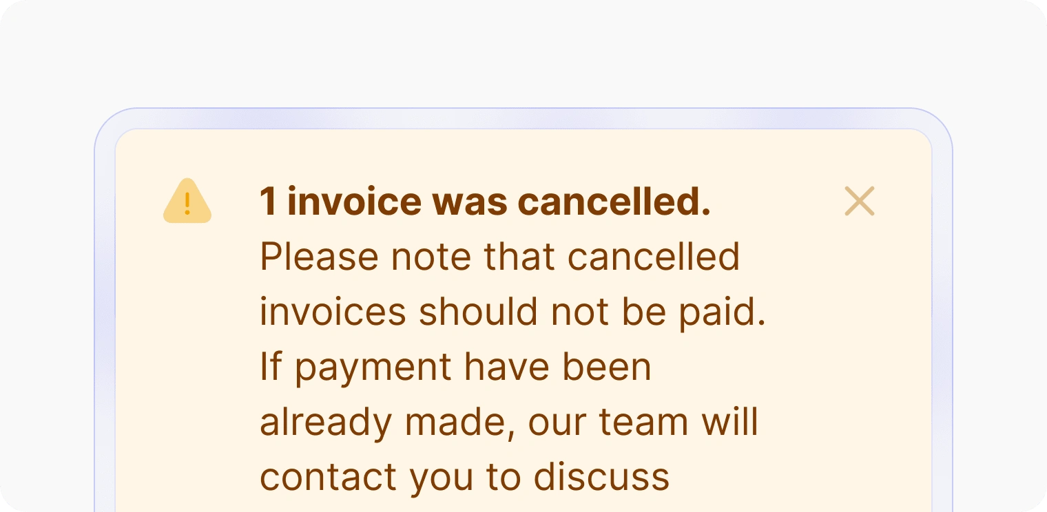 Notifications about corrected and cancelled invoices: The info box notifies users about changes to invoices and provides instructions to avoid payment mistakes.