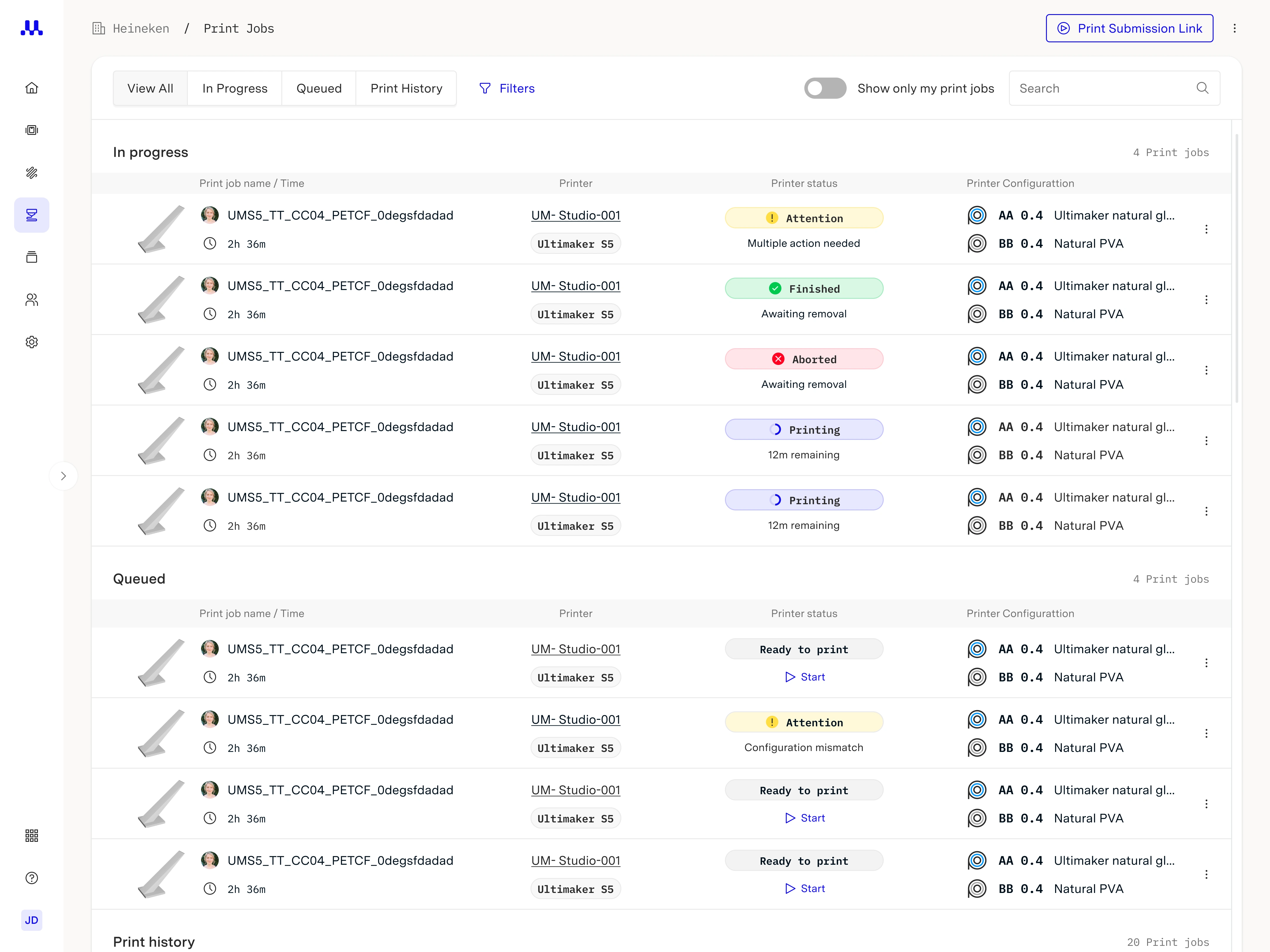 Print Jobs Management screen