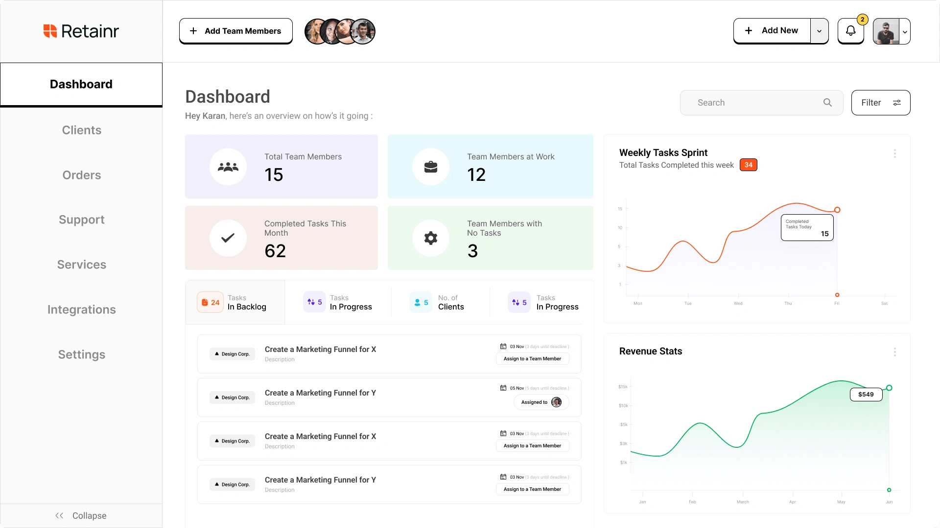 This dashboard was created by me for a Statup called "Retainr"