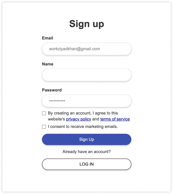 Sign up page