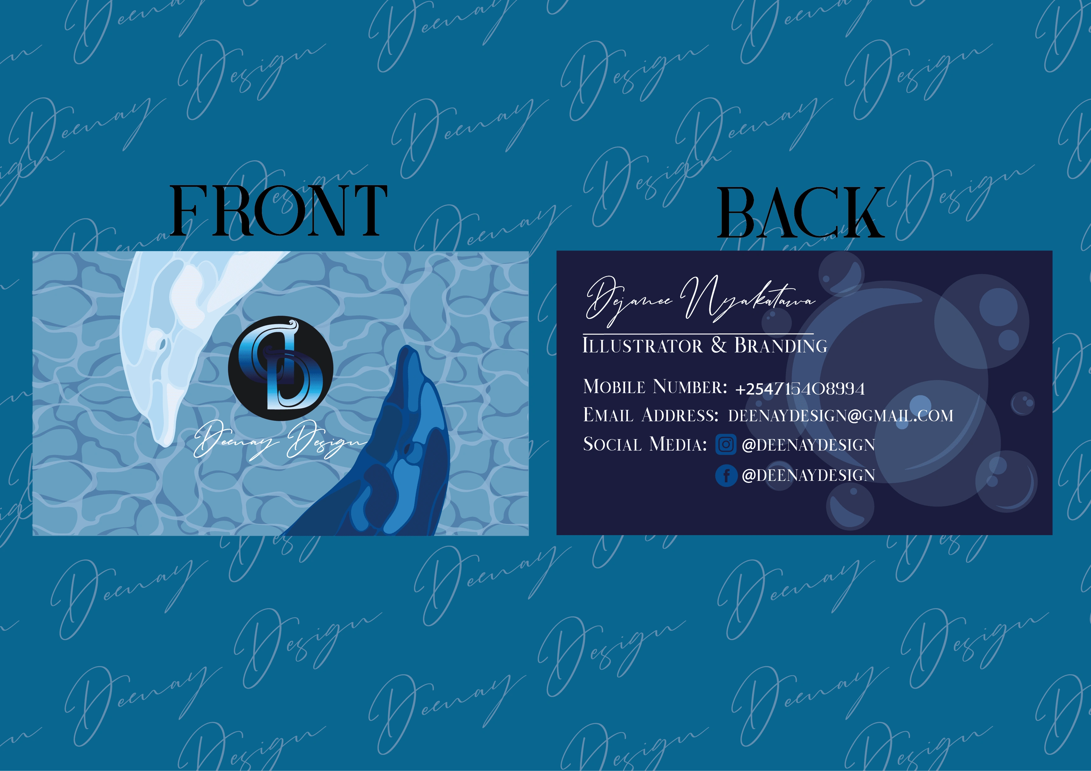 Front and Back of Deenay Design's business card. 