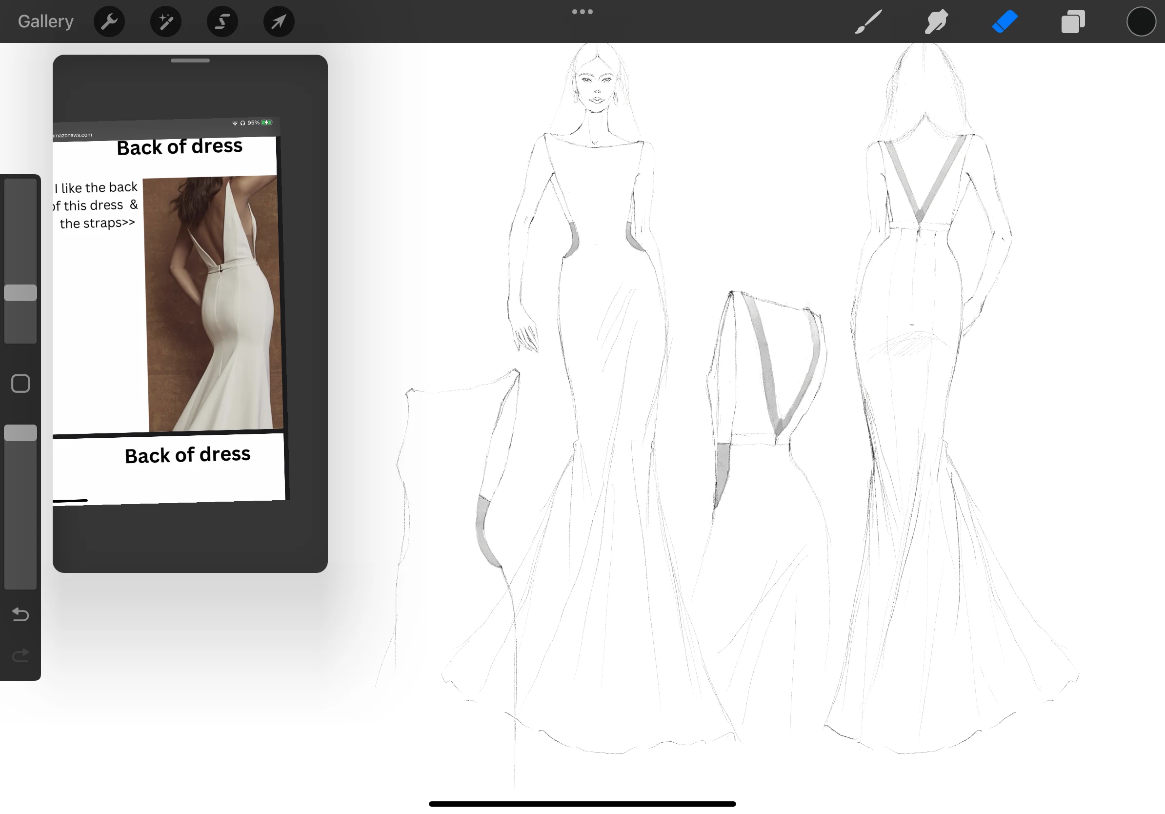 Ellen could not visually imagine the back of the dress through my drawing to what she wanted so to guide her other than reassurance, I took the initiative to draw side sketches of her gown even though it's not specified in the contract.