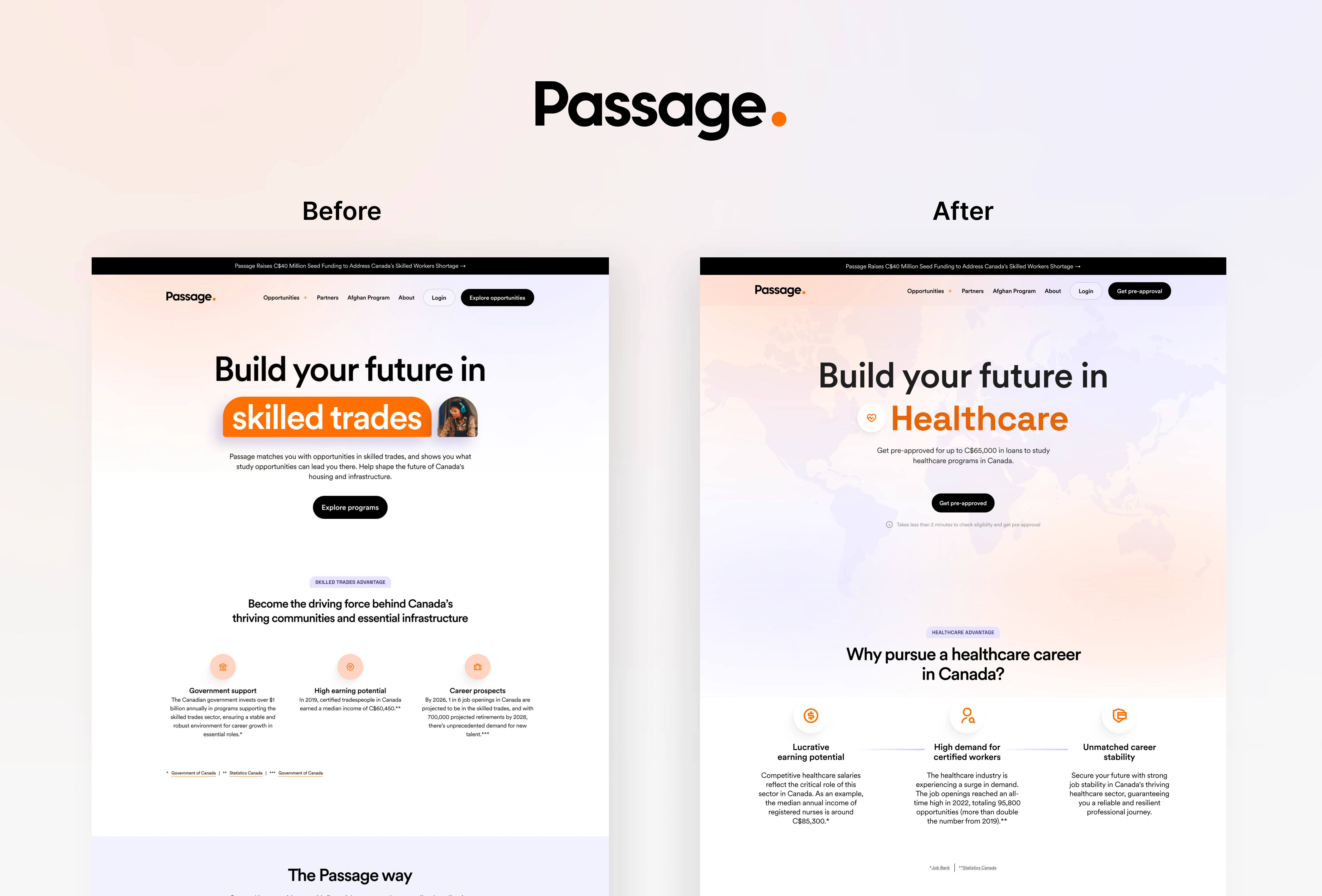 Opportunities Page before and after