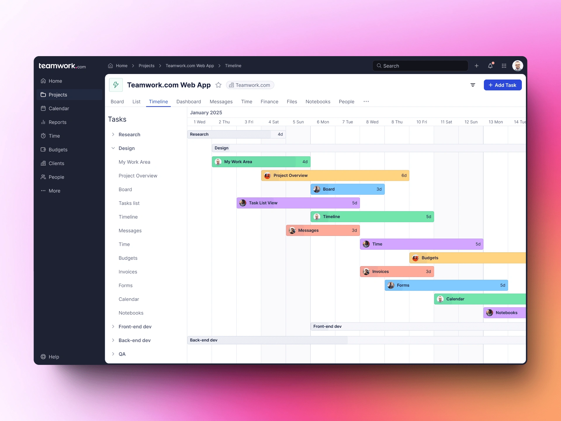 Teamwork.com Project Timeline View Dark + Light Mode