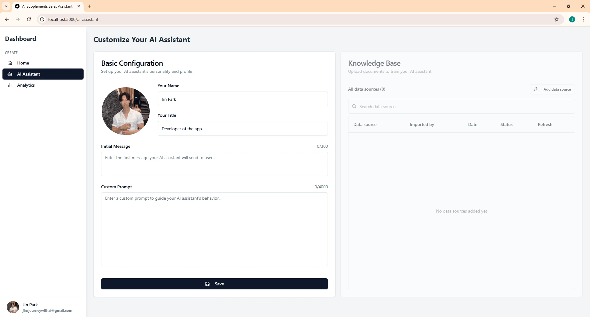 On the assistant page, DUOLIFE affiliate members can customize their AI agent by uploading a profile image, name, title, initial message, and a custom prompt to control the behavior of the AI agent.