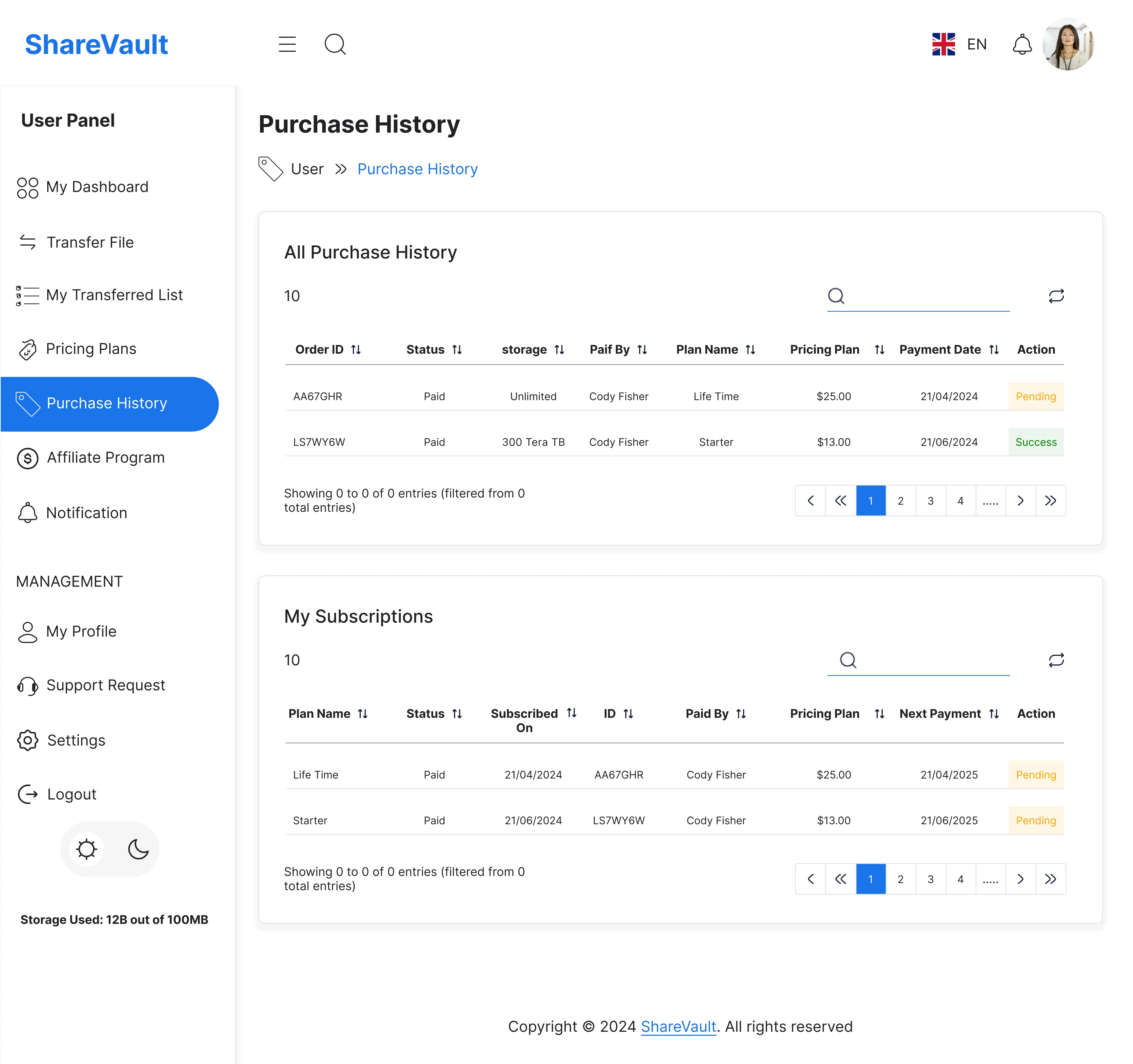 Purchase History: Keeps a record of past transactions and plan upgrades.