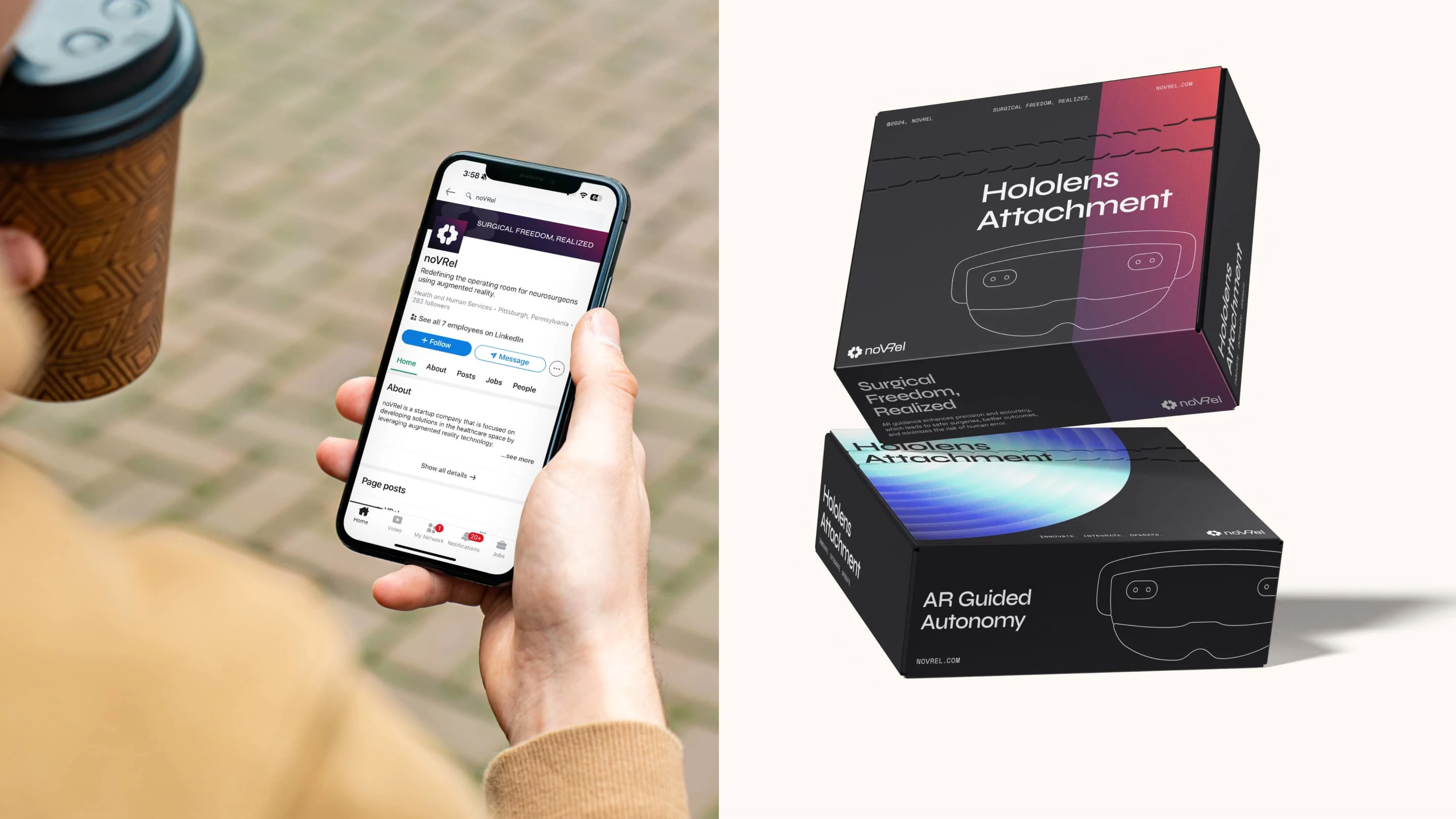 A mockup of noVRel's LinkedIn profile with their new branding, alongside some packaging designs