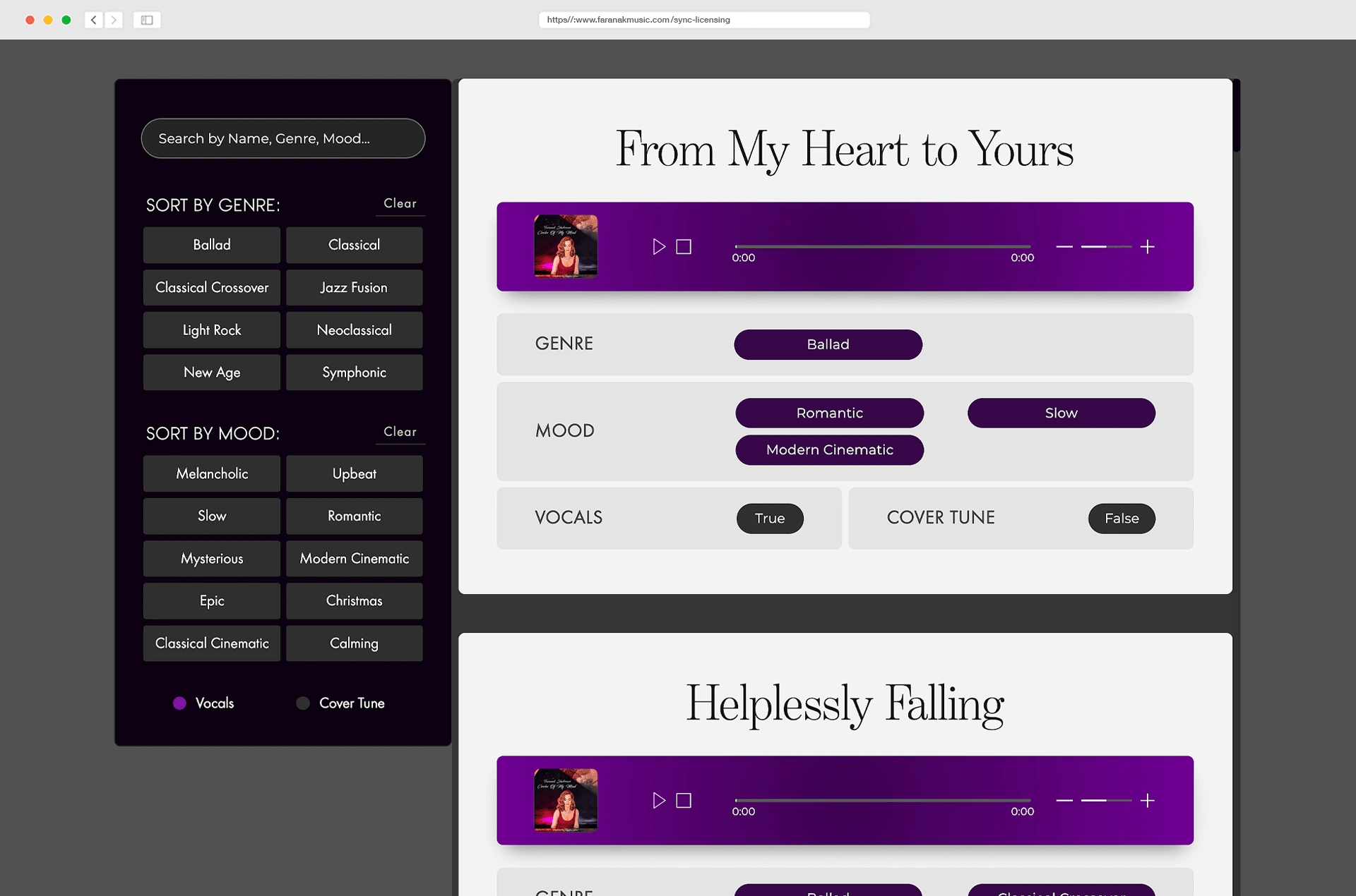 Sync/music licensing page with Webflow CMS audio players and a variety of filtering options