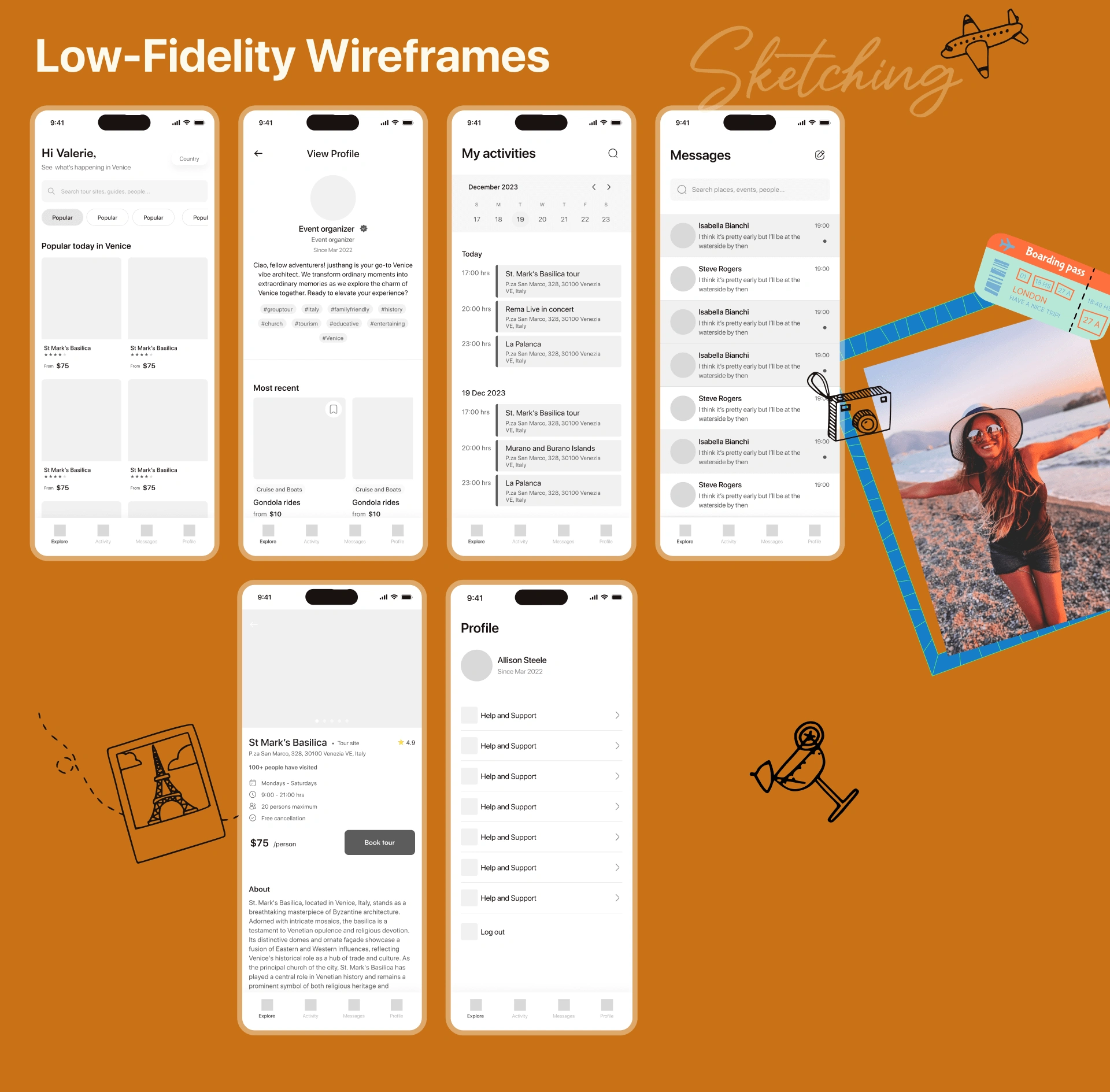 The low fidelity wireframes and sketches for the app