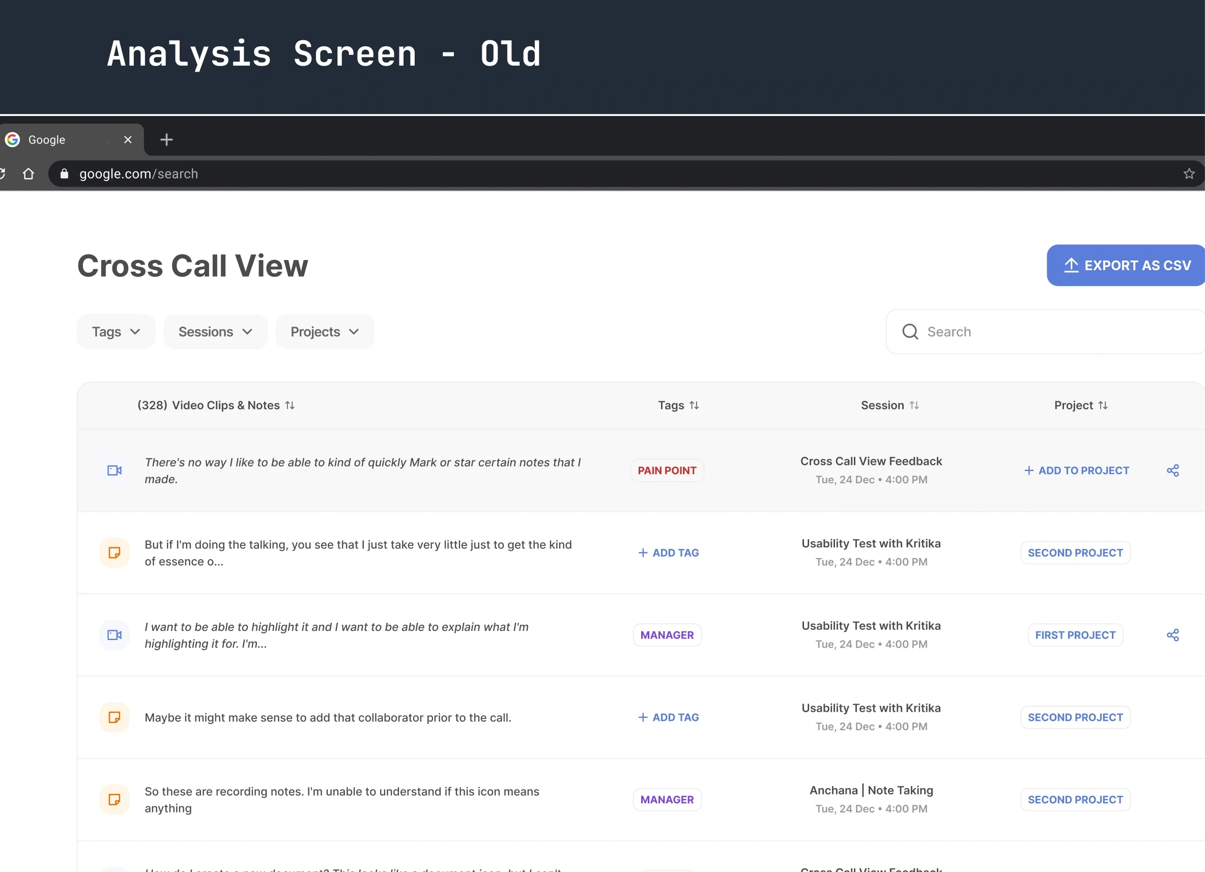 Analysis screen with tabular view