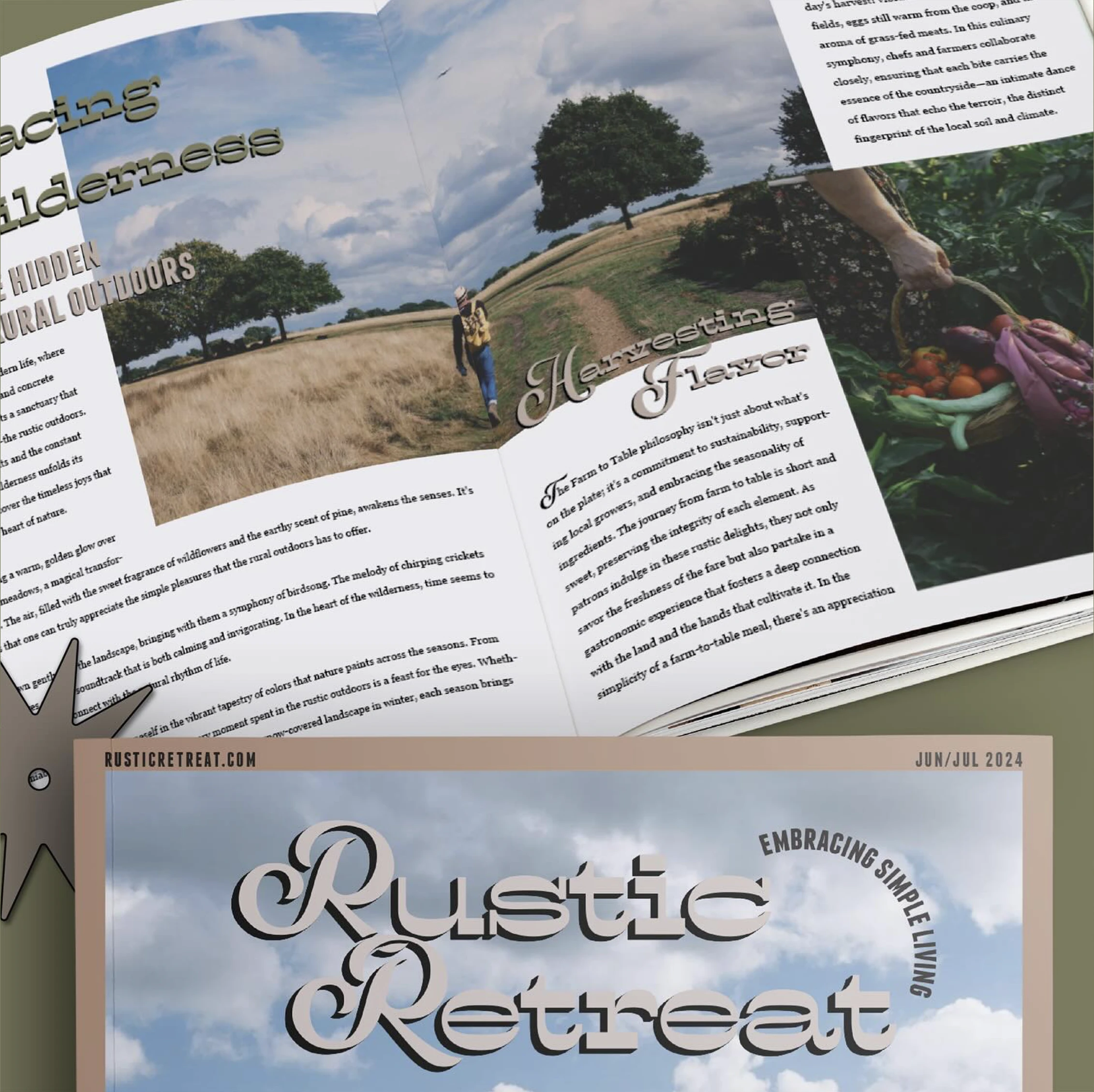 A glimpse inside Rustic Retreat Magazine, where beautifully curated spreads and a thoughtfully designed front cover bring the brand’s vision to life.