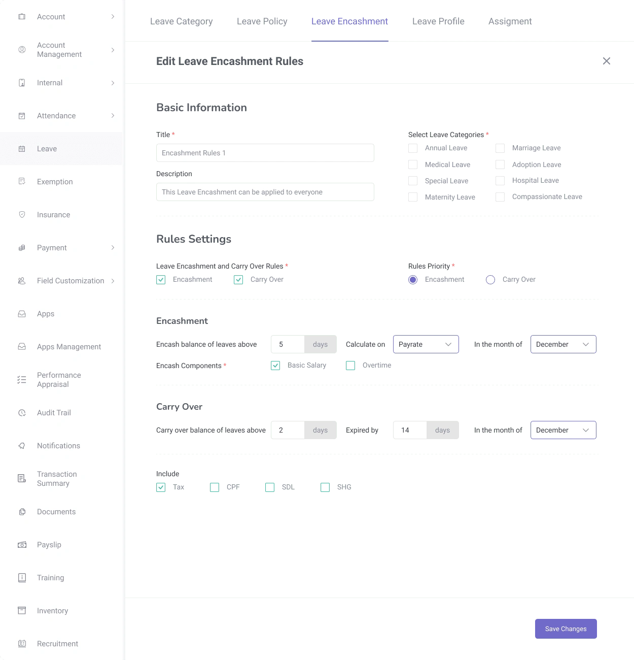 Leave Encashment settings