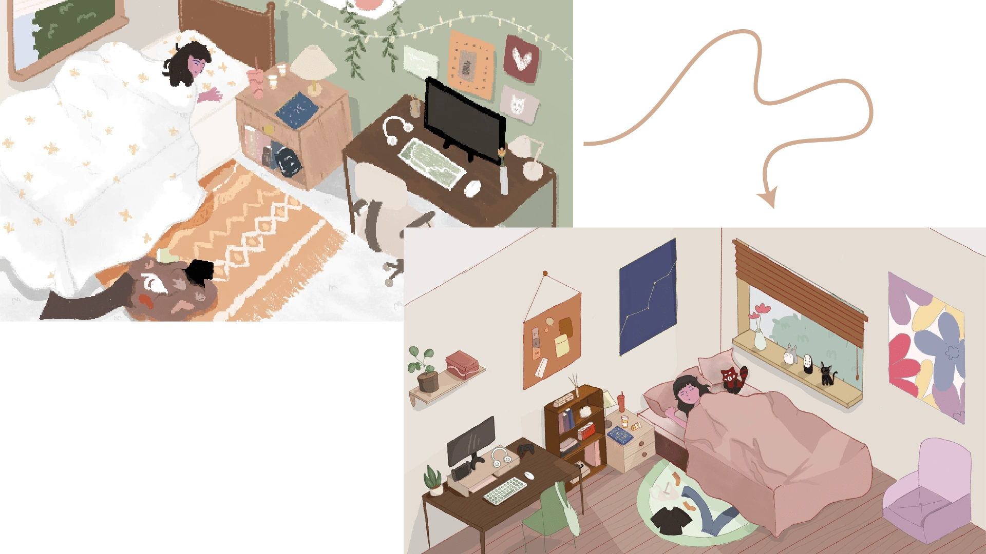 Top Left: Original Room Design; Bottom Right: Updated Room Design