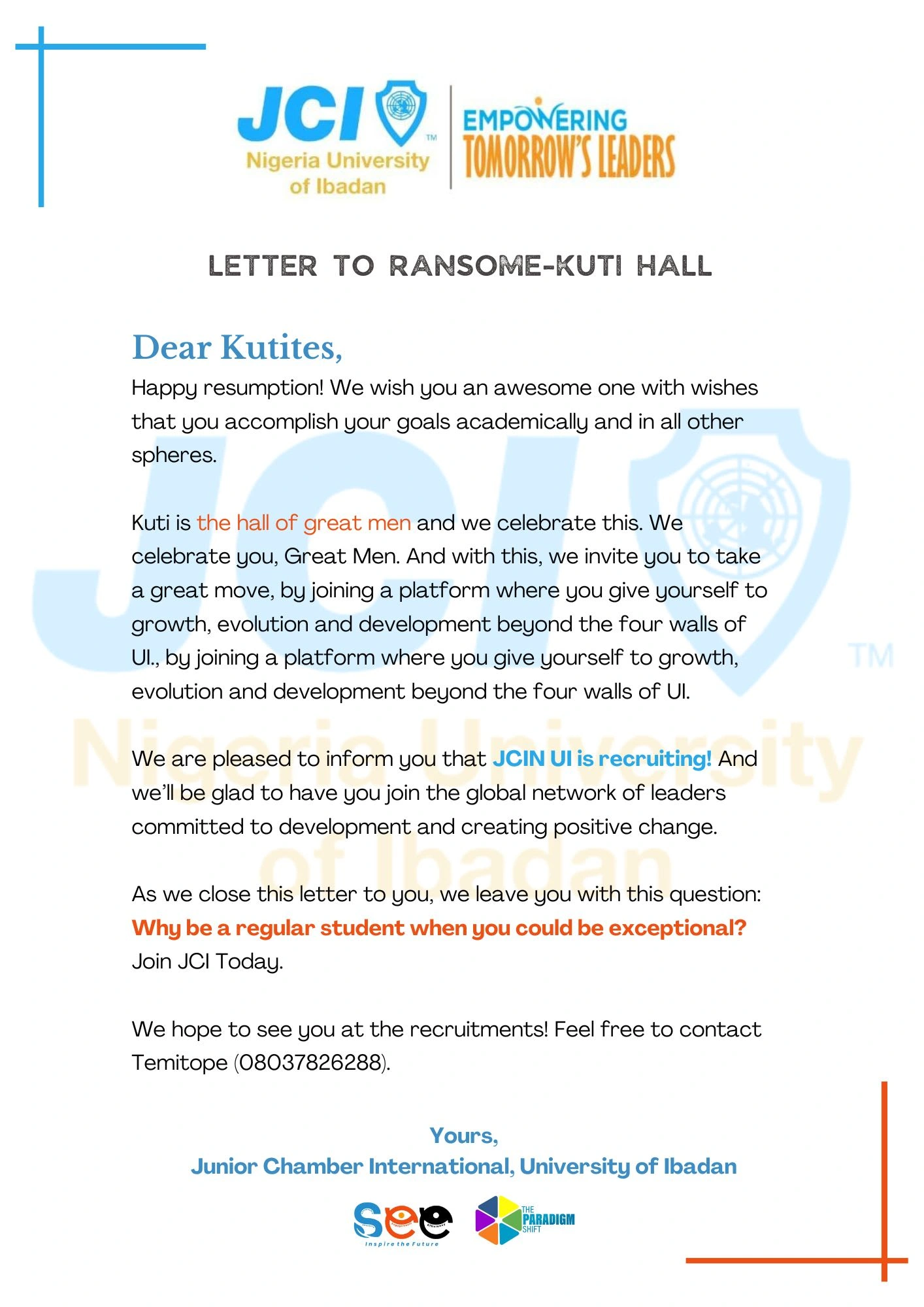 Letter to a Male Hall of Residence