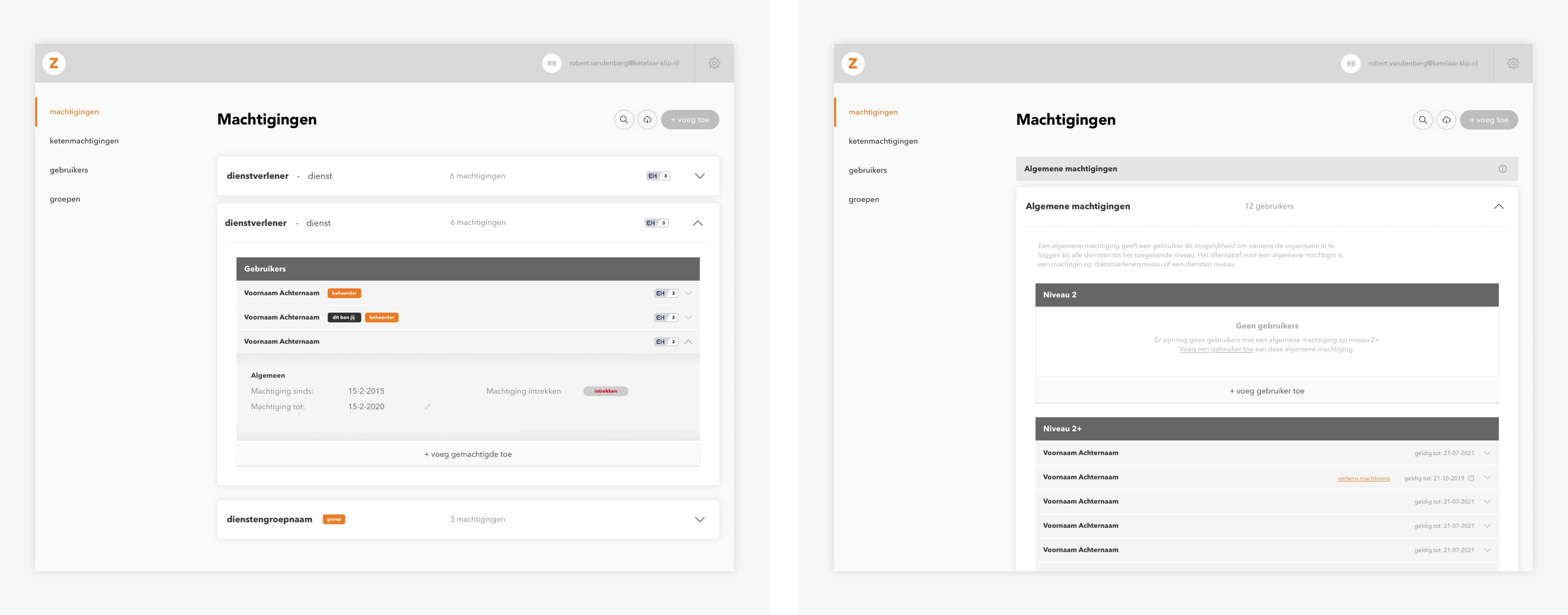 Left: The high-fidelity wireframe for the authorizations overview. / Right: The high-fidelity wireframe for the general authorizations.