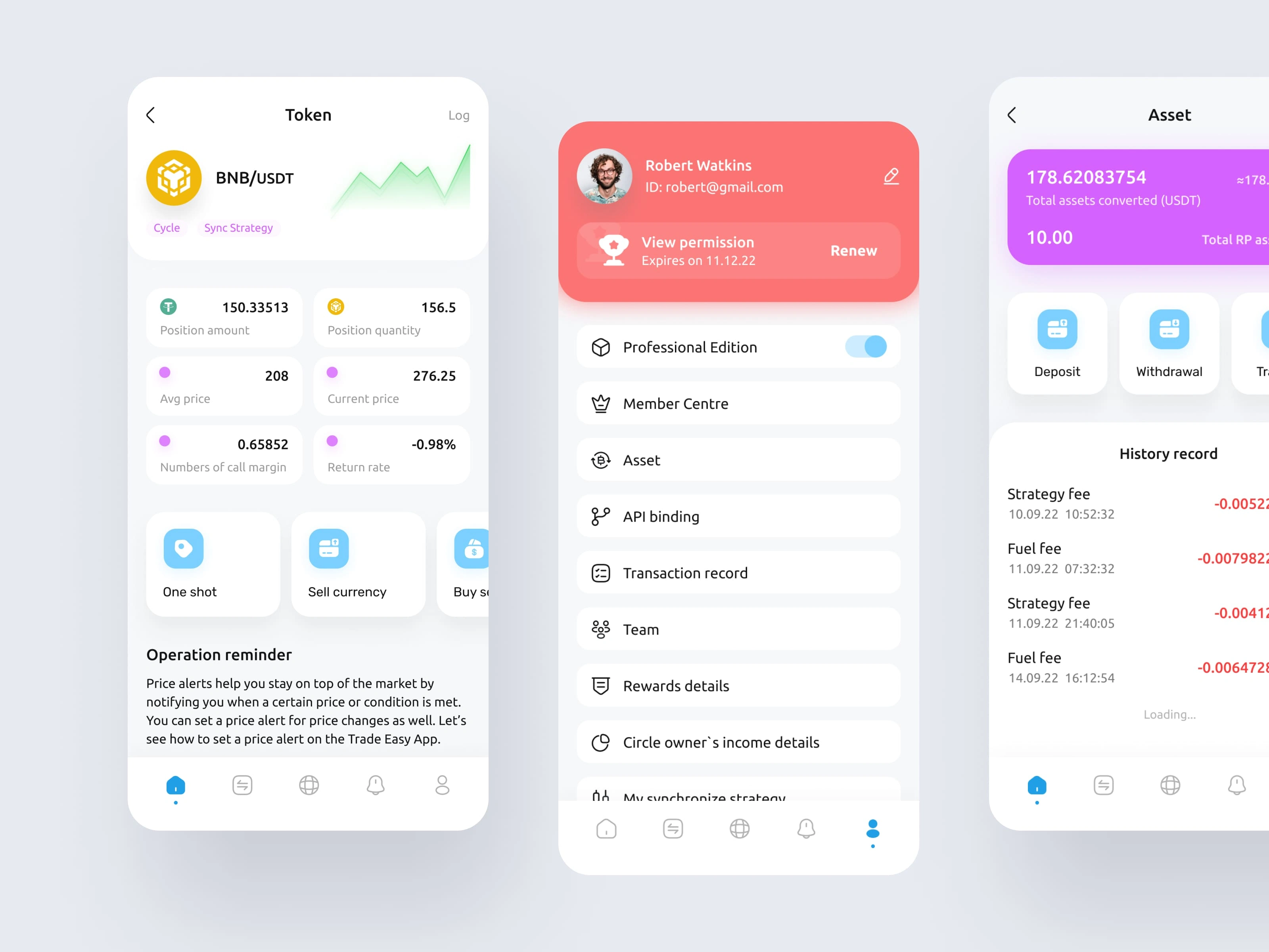 Token, Profile and Asset screens