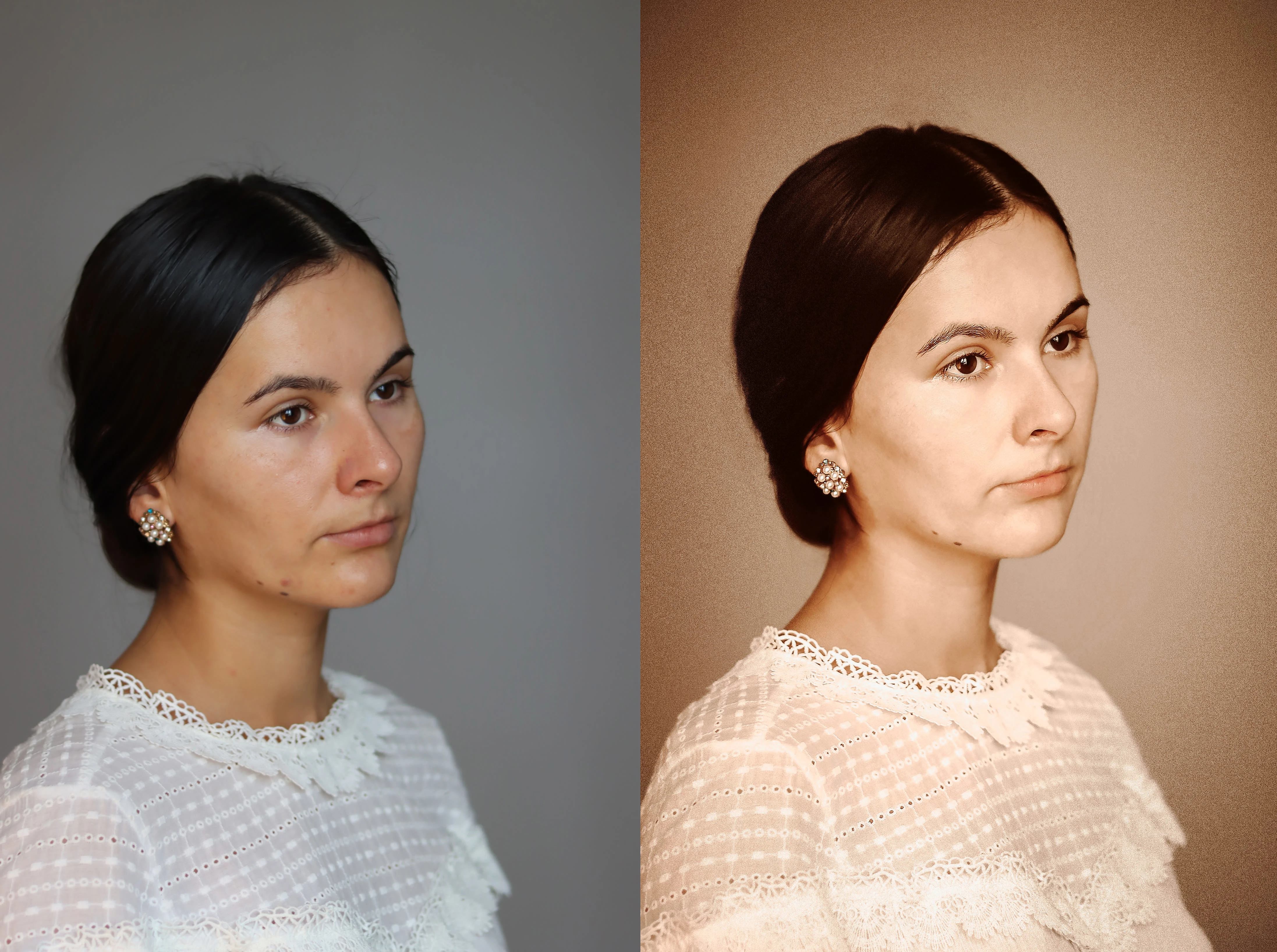 Photo Retouching, Blemish removal, face slimness and sepia tone to make it look like an old photo