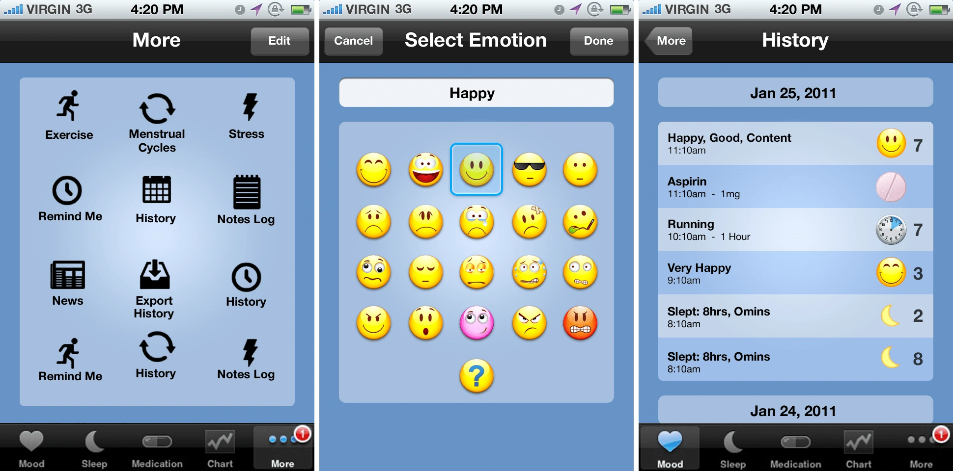 More, Select Emotion, and History Screens (Sad Theme)